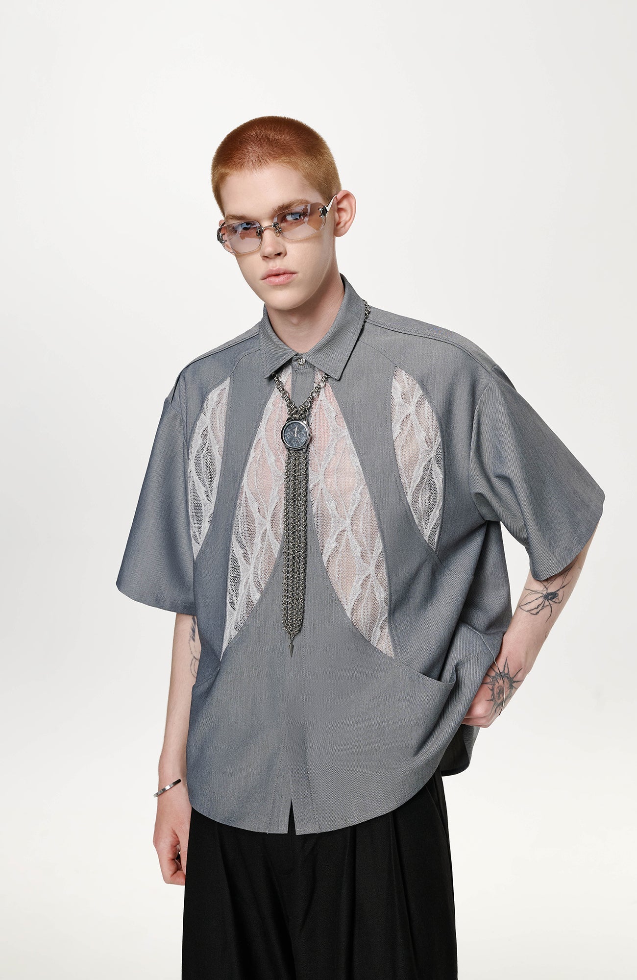 TIWILLTANG Leaf Lace Paneled Half Shirt-Half shirt-S-Free Shipping Leatheretro