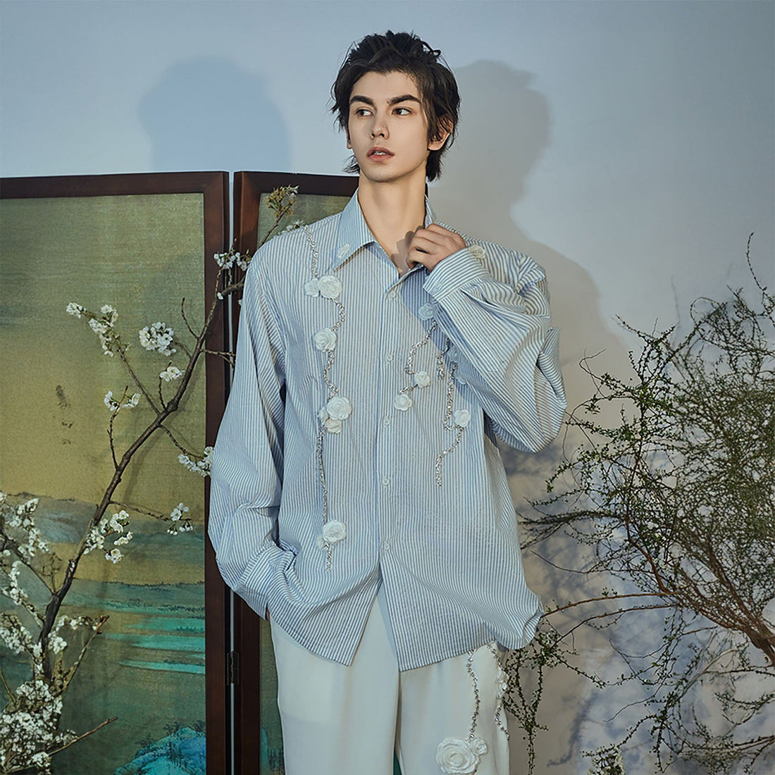 JIECHI Vine Rose Embroidered Striped Shirt-Shirt-M-Free Shipping Leatheretro