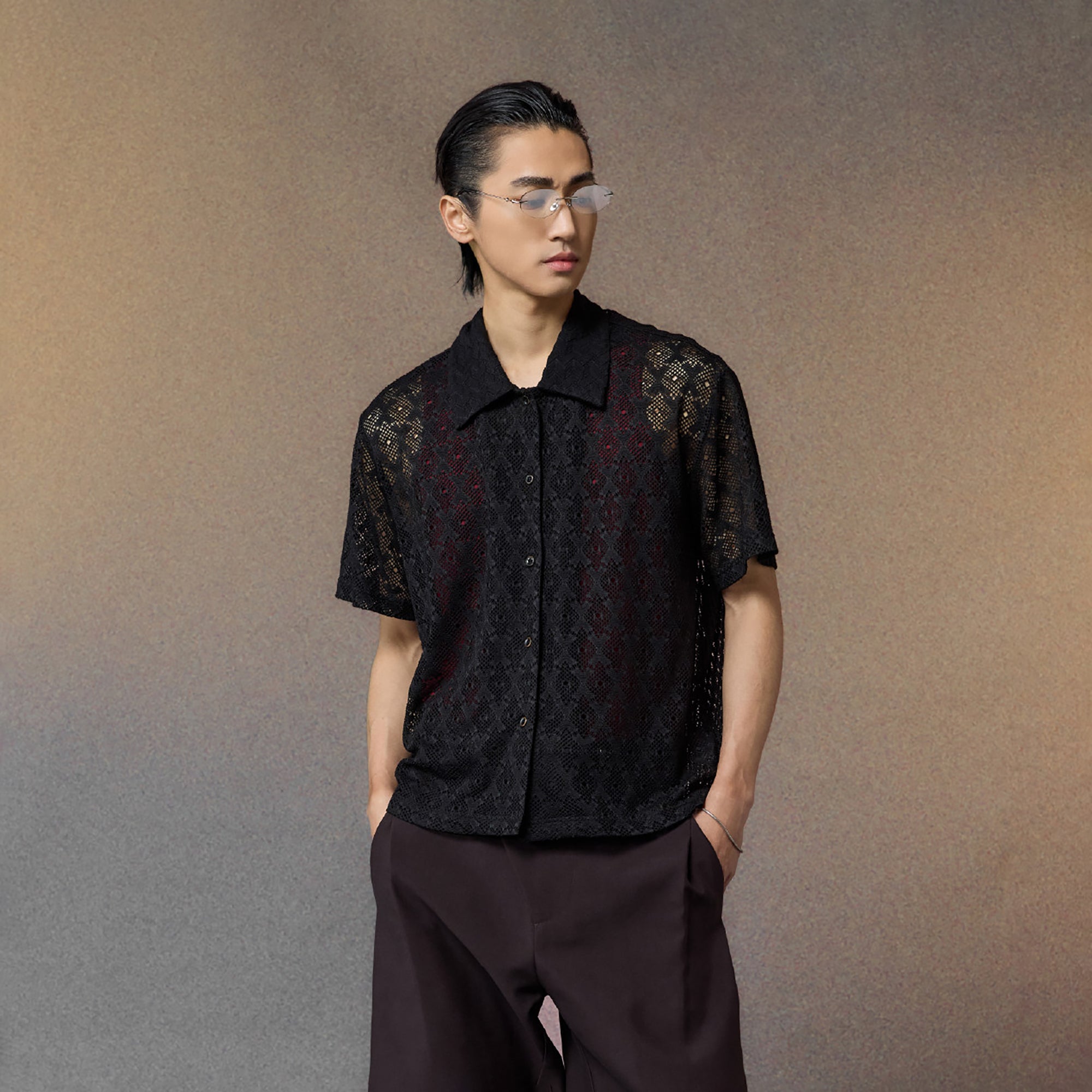 ALVNG AR ANTS Open-Knit Diamond Panel Short-Sleeve Shirt-Shirt-S-Black-Free Shipping Leatheretro