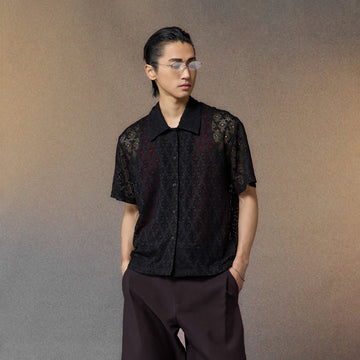 ALVNG AR ANTS Open-Knit Diamond Panel Short-Sleeve Shirt-Shirt-S-Black-Free Shipping Leatheretro