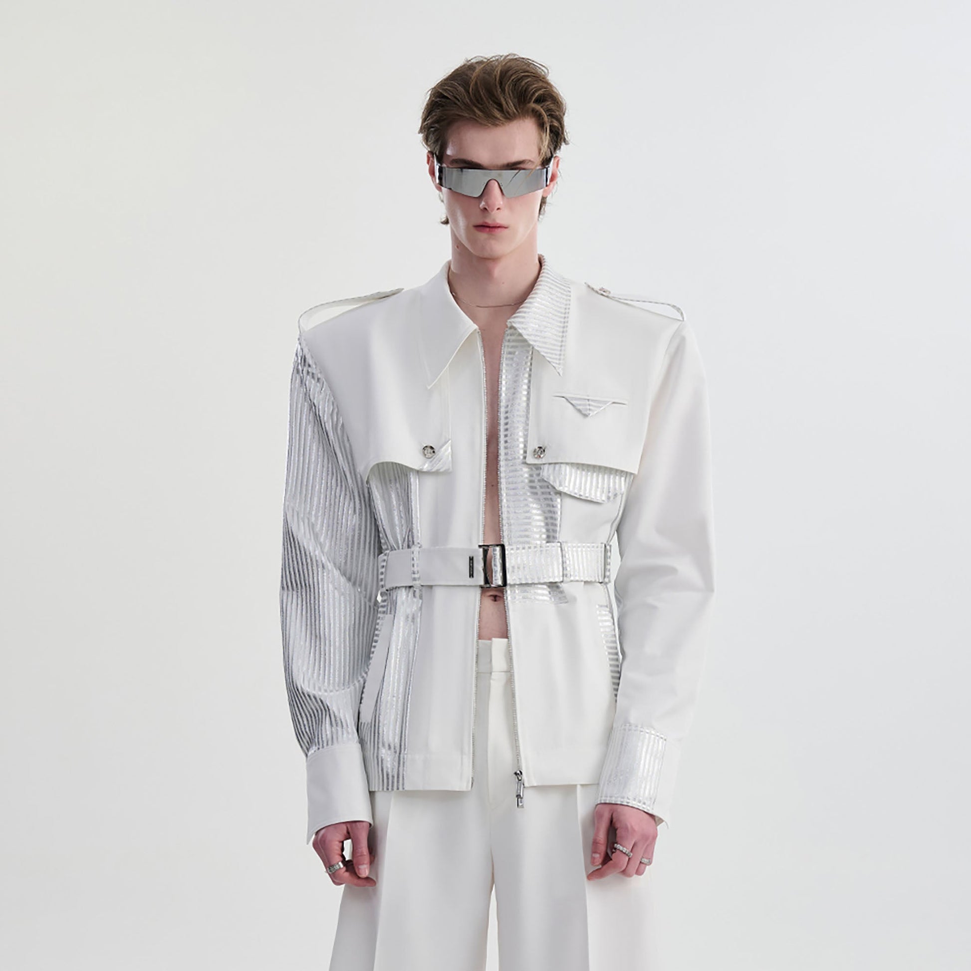 TIWILLTANG Contrast Deconstructed Belted Zip-Up Shirt-Shirt-S-White-Free Shipping Leatheretro