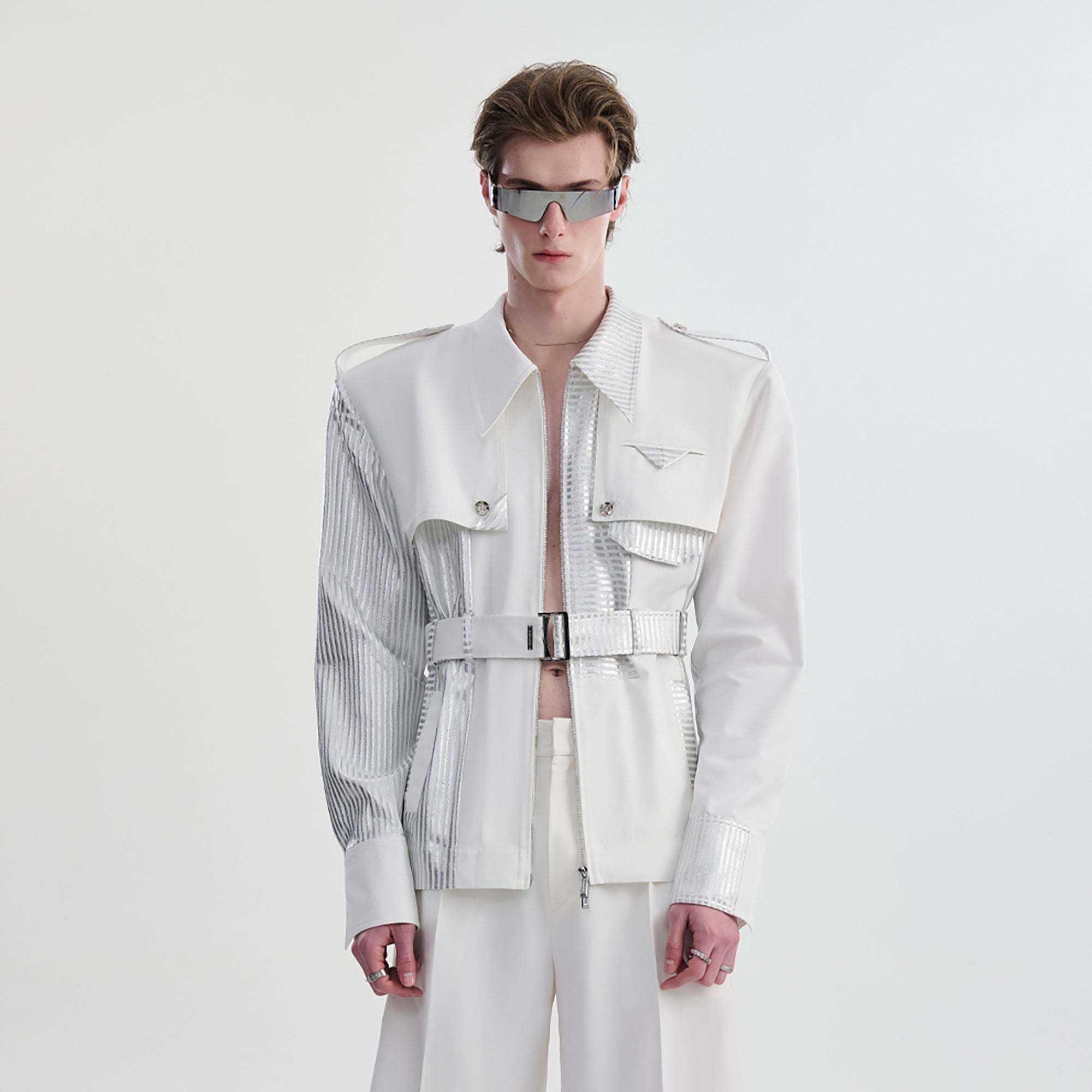 TIWILLTANG Contrast Deconstructed Belted Zip-Up Shirt-Shirt-S-White-Free Shipping Leatheretro