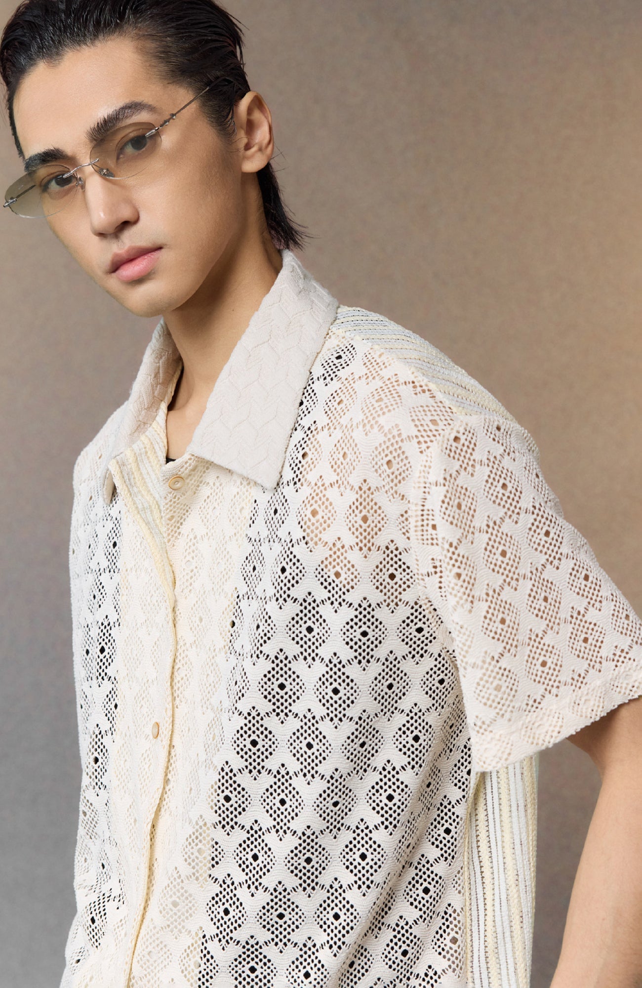 ALVNG AR ANTS Open-Knit Diamond Panel Short-Sleeve Shirt-Shirt-S-Black-Free Shipping Leatheretro