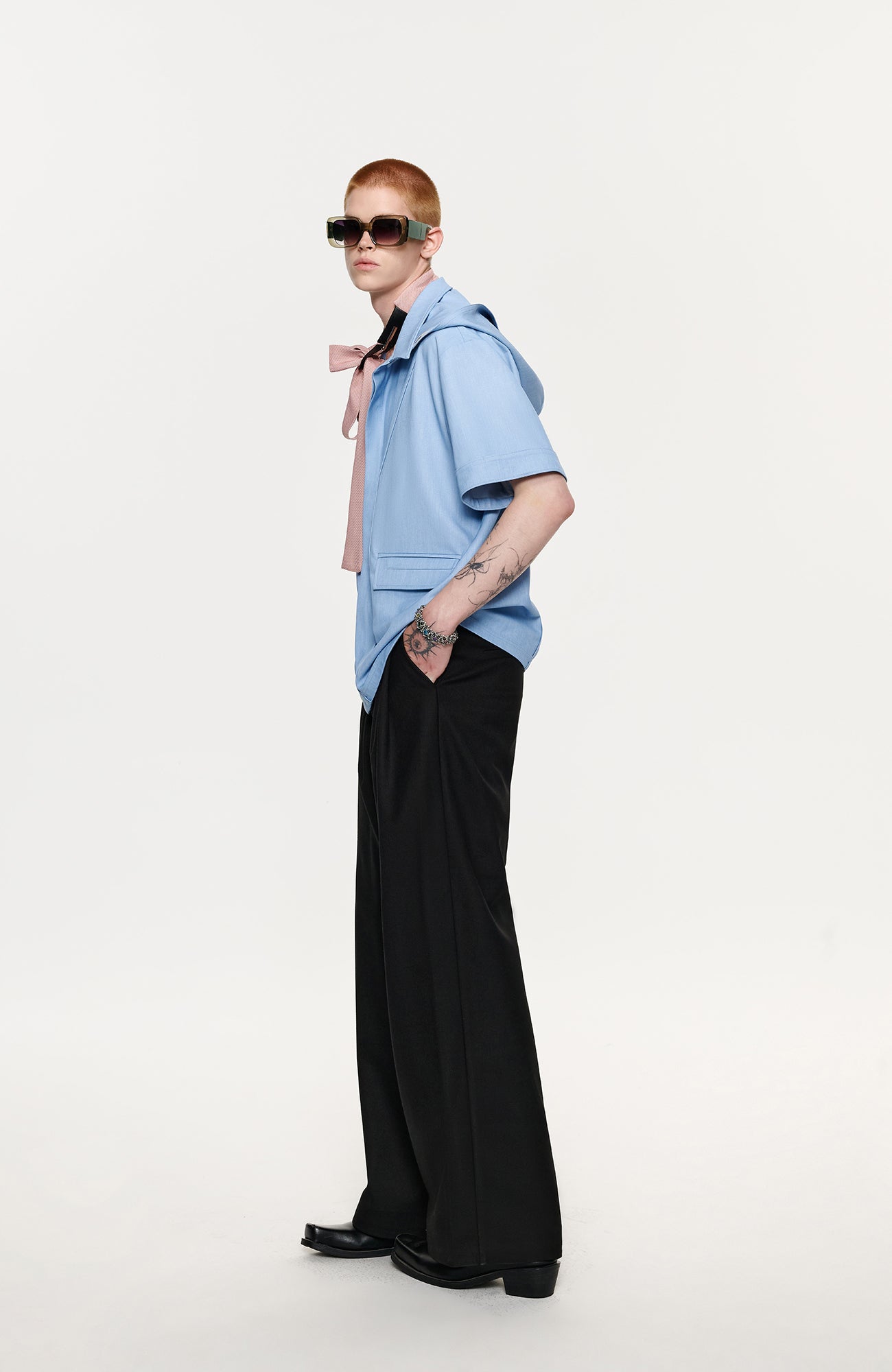 TIWILLTANG Hidden Placket Detachable Hood Half Shirt-Half shirt-S-Blue-Free Shipping Leatheretro