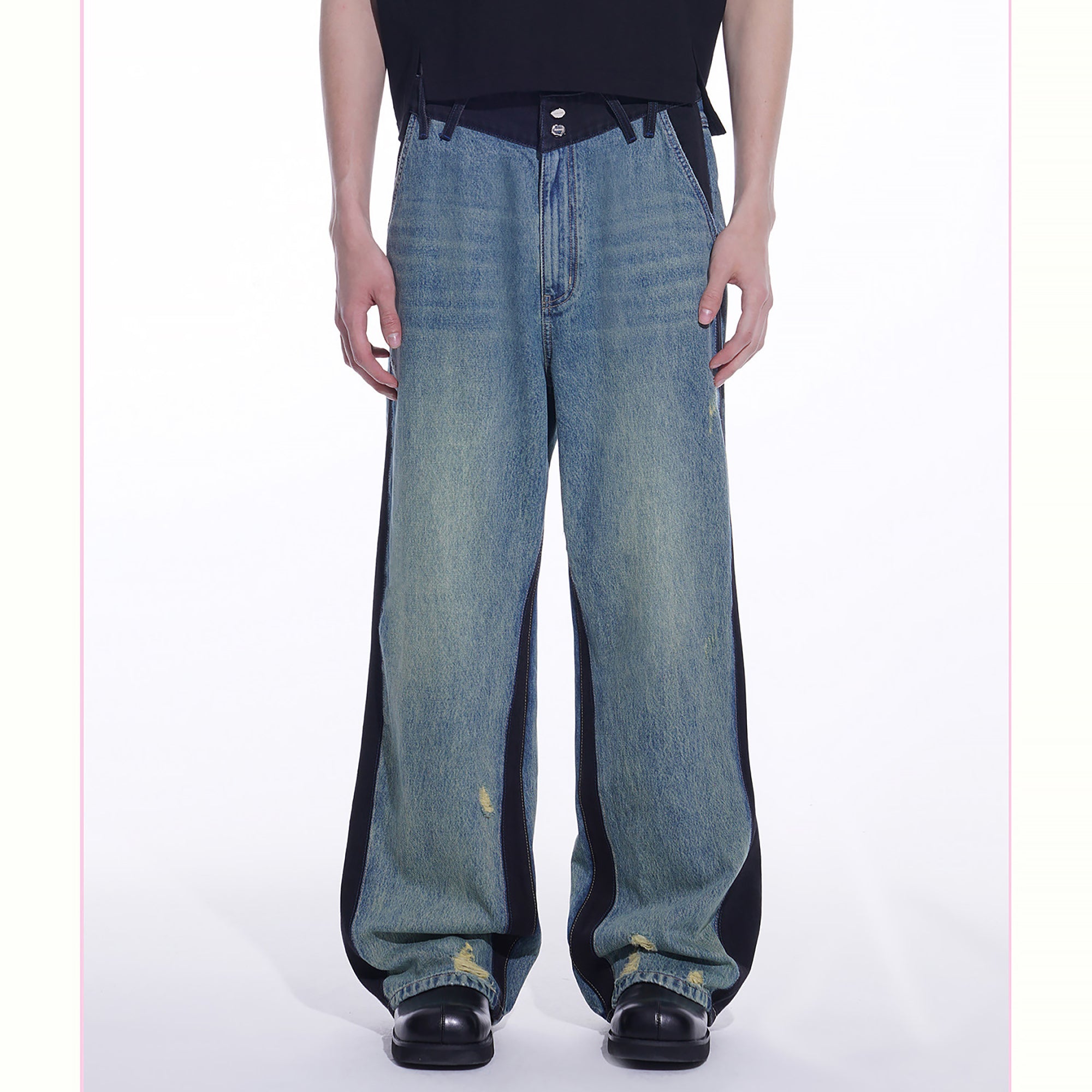 TIWILLTANG Distressed Contrast Paneled Wide-Leg Jeans-Jeans-S-Blue-Free Shipping Leatheretro
