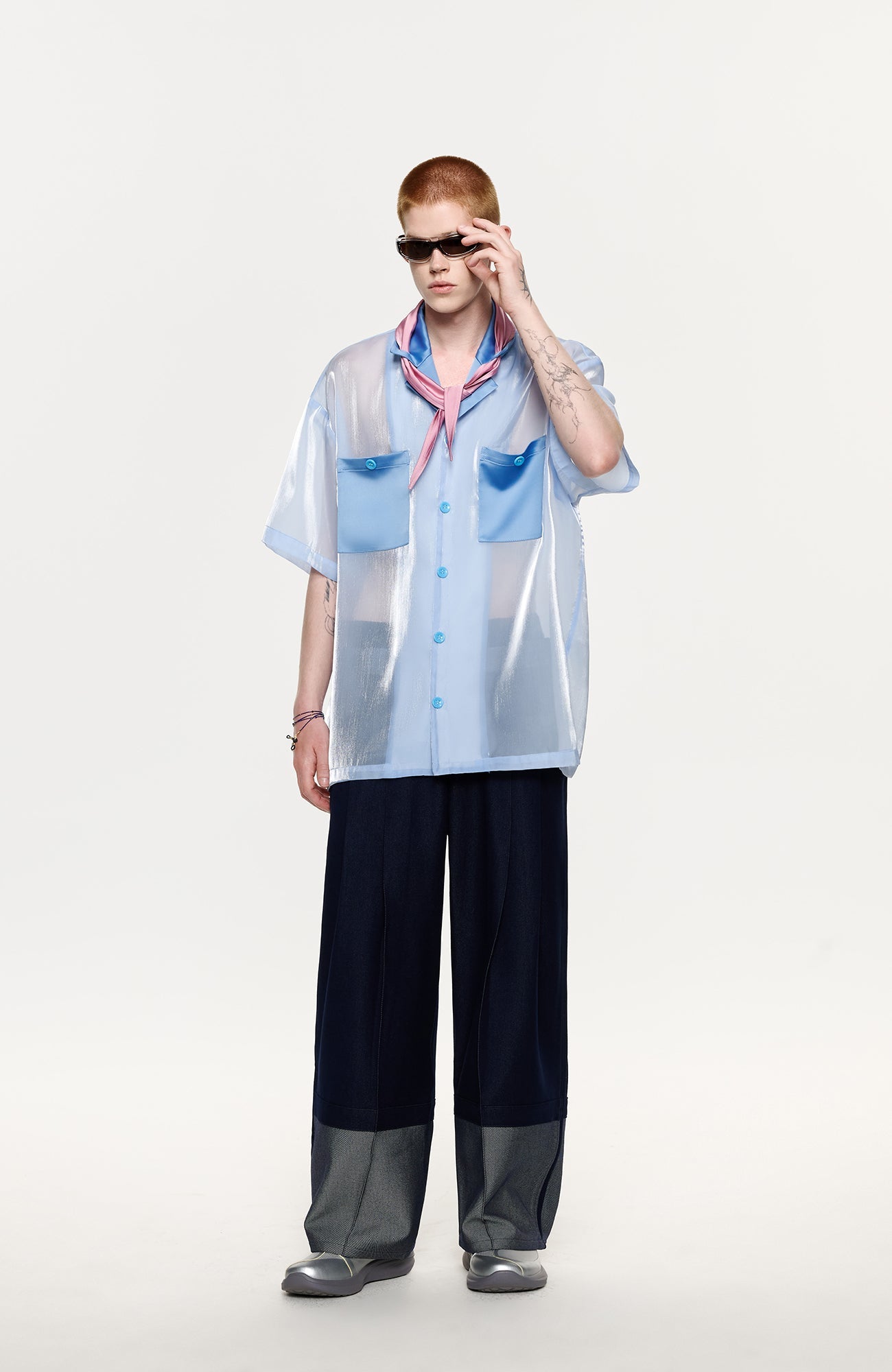 TIWILLTANG Contrast Tie-Neck Sheer Half Shirt-Half shirt-S-Free Shipping Leatheretro
