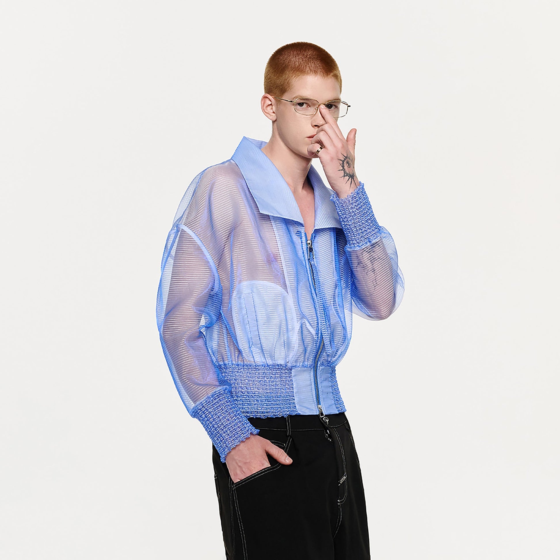 TIWILLTANG Sheer Zip-Up Cropped Jacket-Jacket-S-Blue-Free Shipping Leatheretro