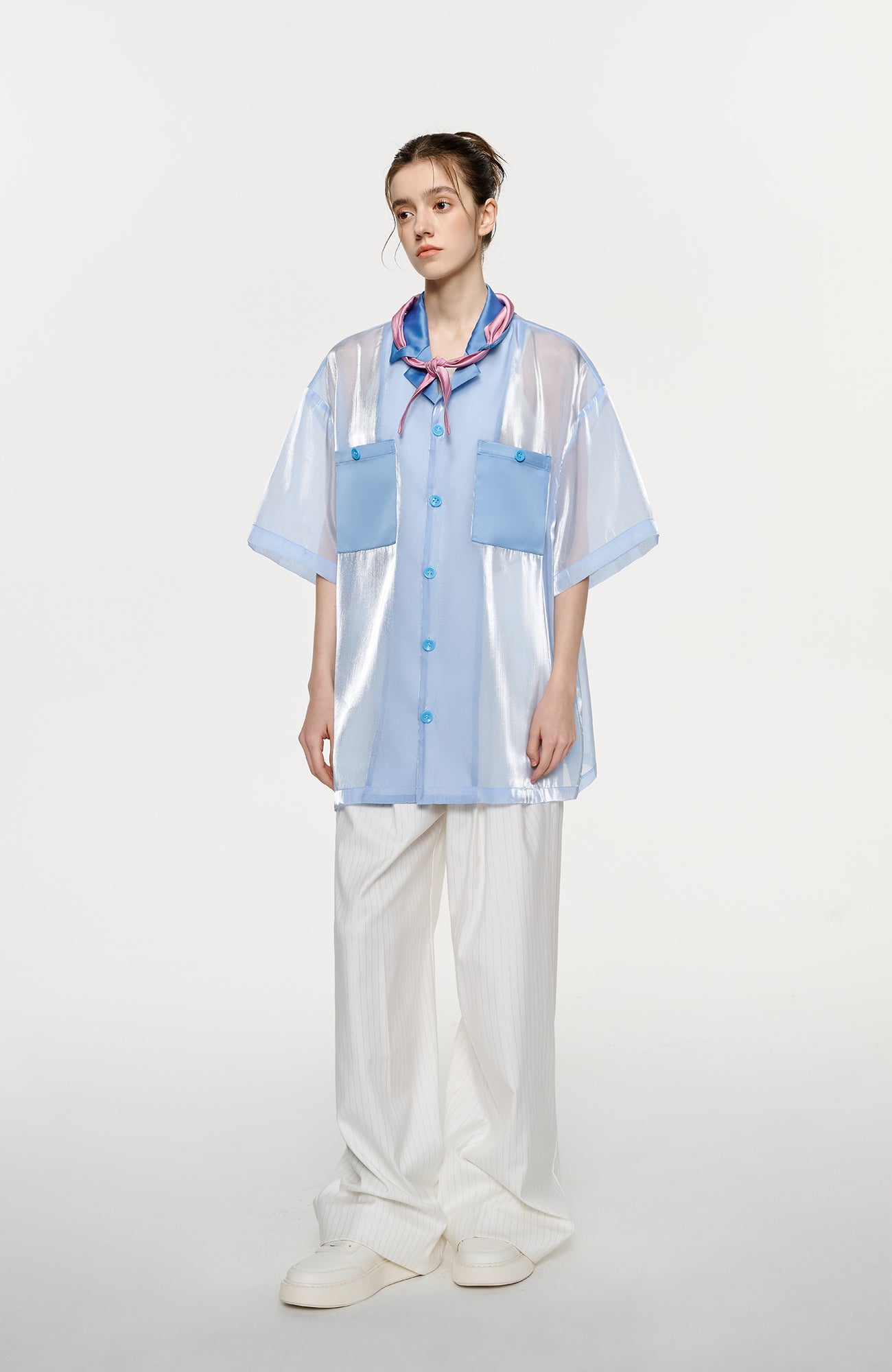 TIWILLTANG Contrast Tie-Neck Sheer Half Shirt-Half shirt-S-Free Shipping Leatheretro