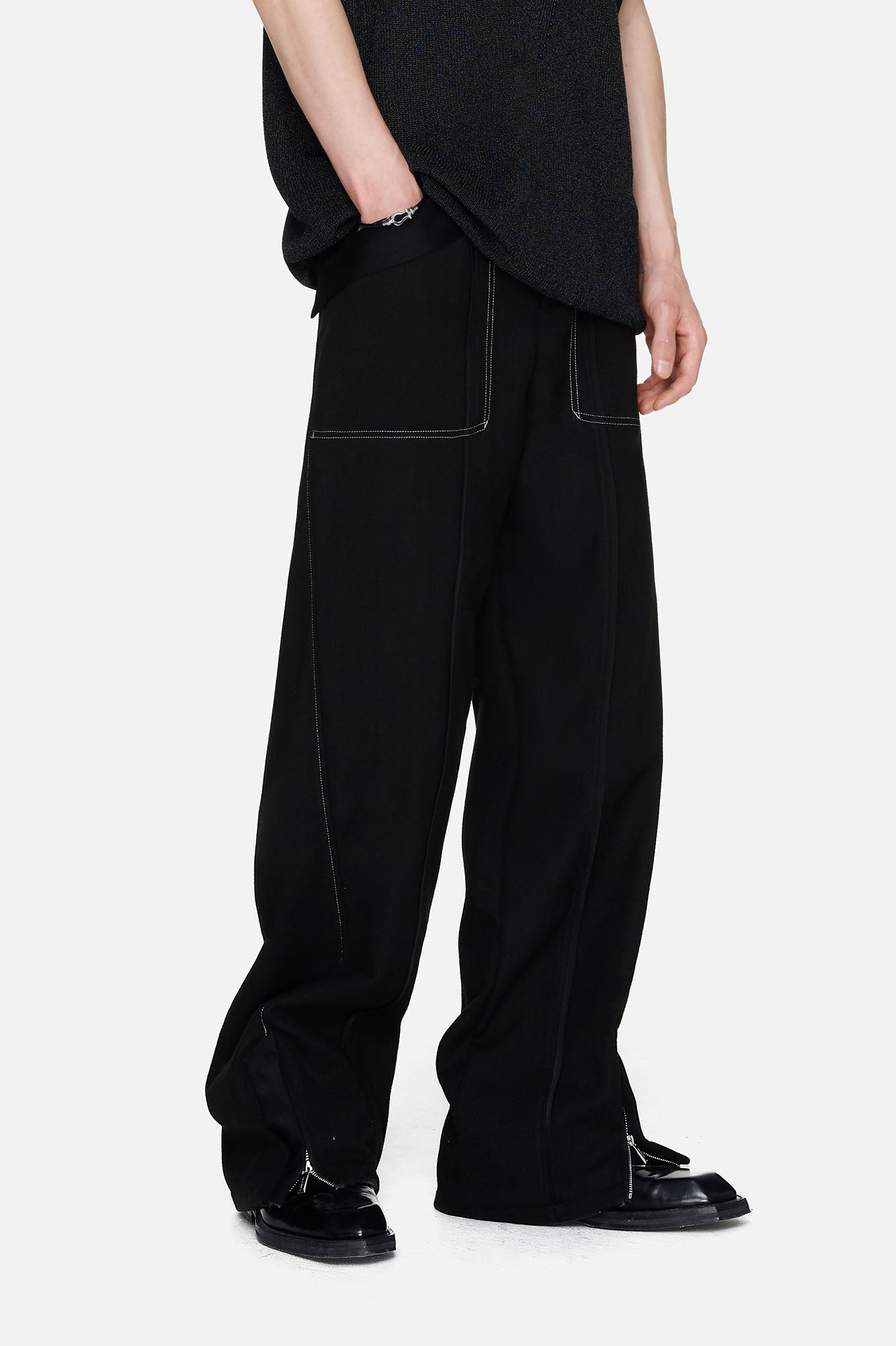 TIWILLTANG Paneled Zipper-Hem Wide-Leg Pants Black-Pants-S (Preorder)-Free Shipping Leatheretro