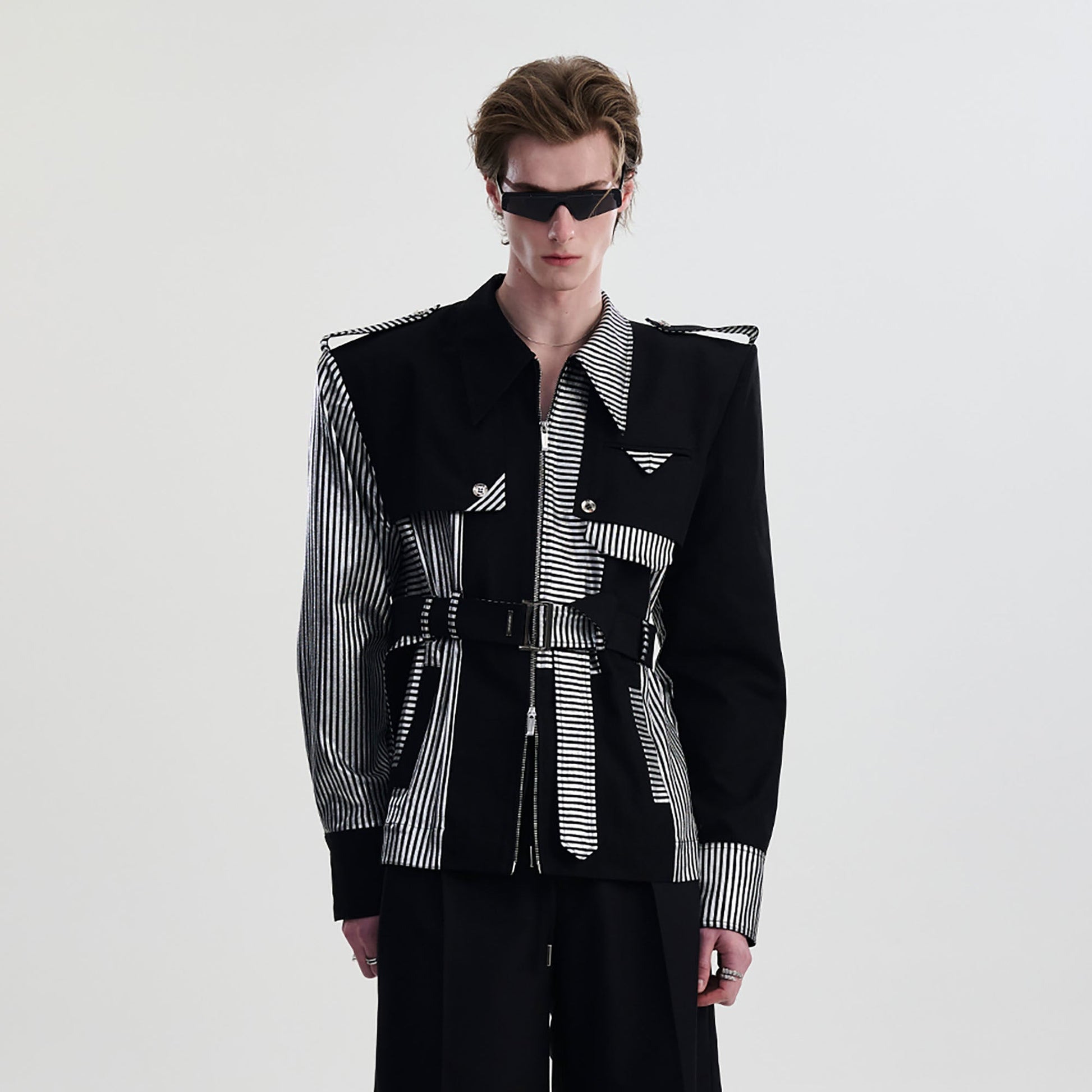 TIWILLTANG Contrast Deconstructed Belted Zip-Up Shirt-Shirt-S-Black-Free Shipping Leatheretro