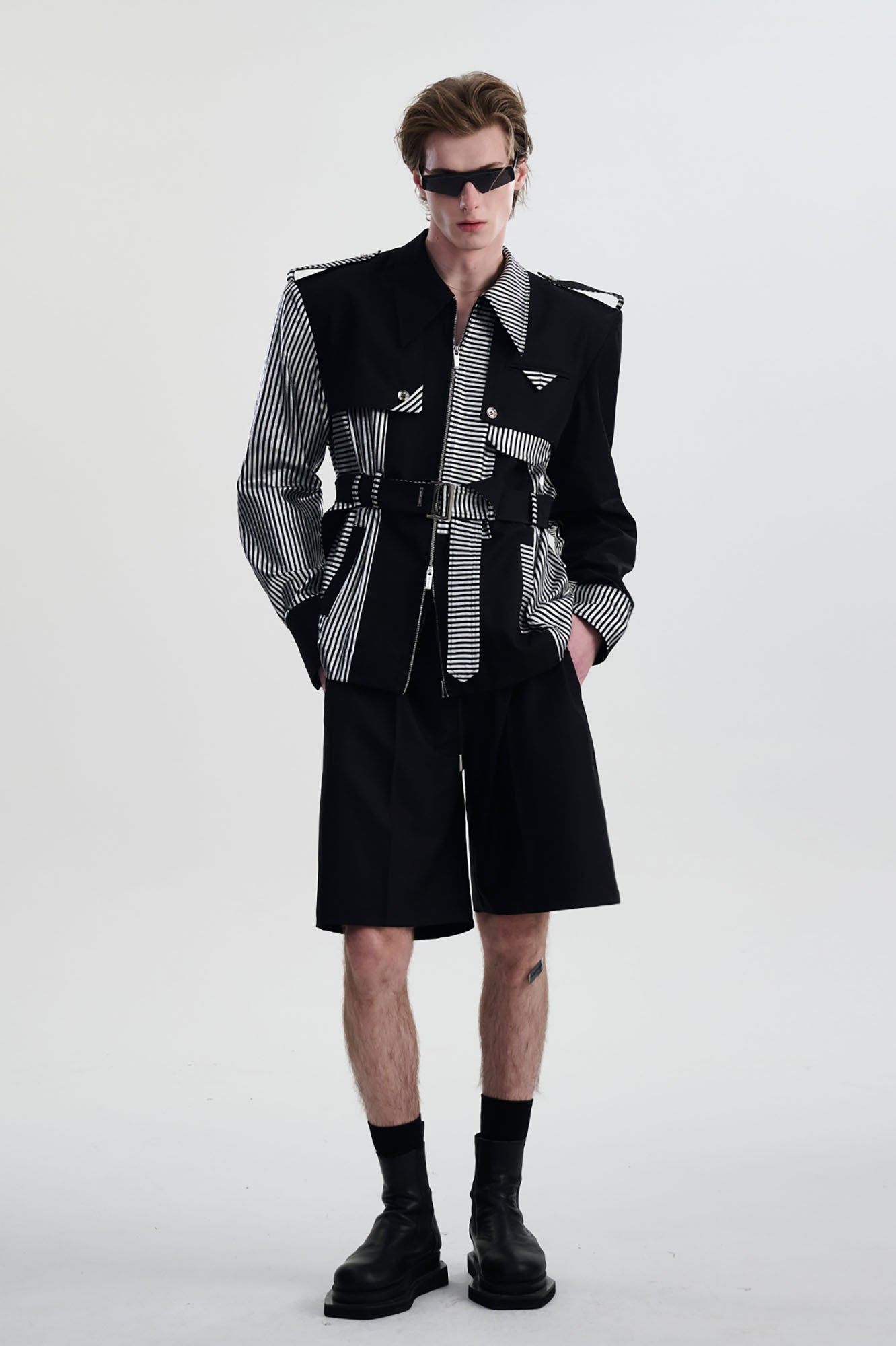 TIWILLTANG Contrast Deconstructed Belted Zip-Up Shirt-Shirt-S-Khaki-Free Shipping Leatheretro