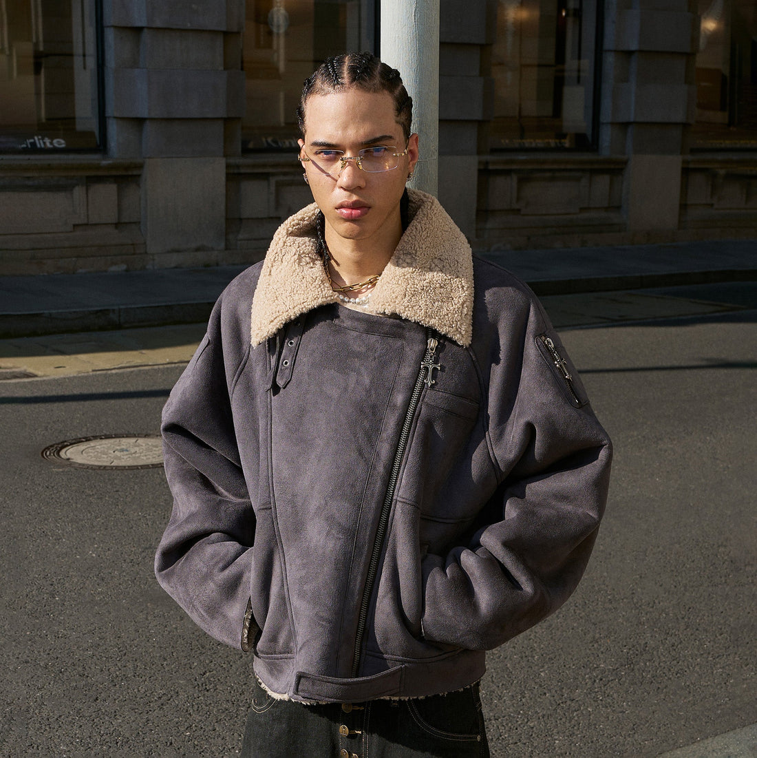 STEEPC Asym Zip Suede Shearling Jacket-Jacket-S-Khaki-Free Shipping Leatheretro