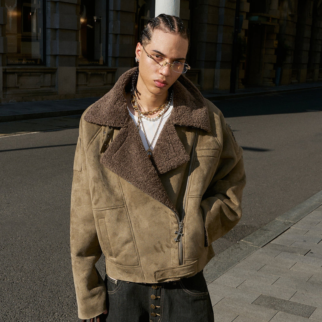 STEEPC Asym Zip Suede Shearling Jacket-Jacket-S-Khaki-Free Shipping Leatheretro