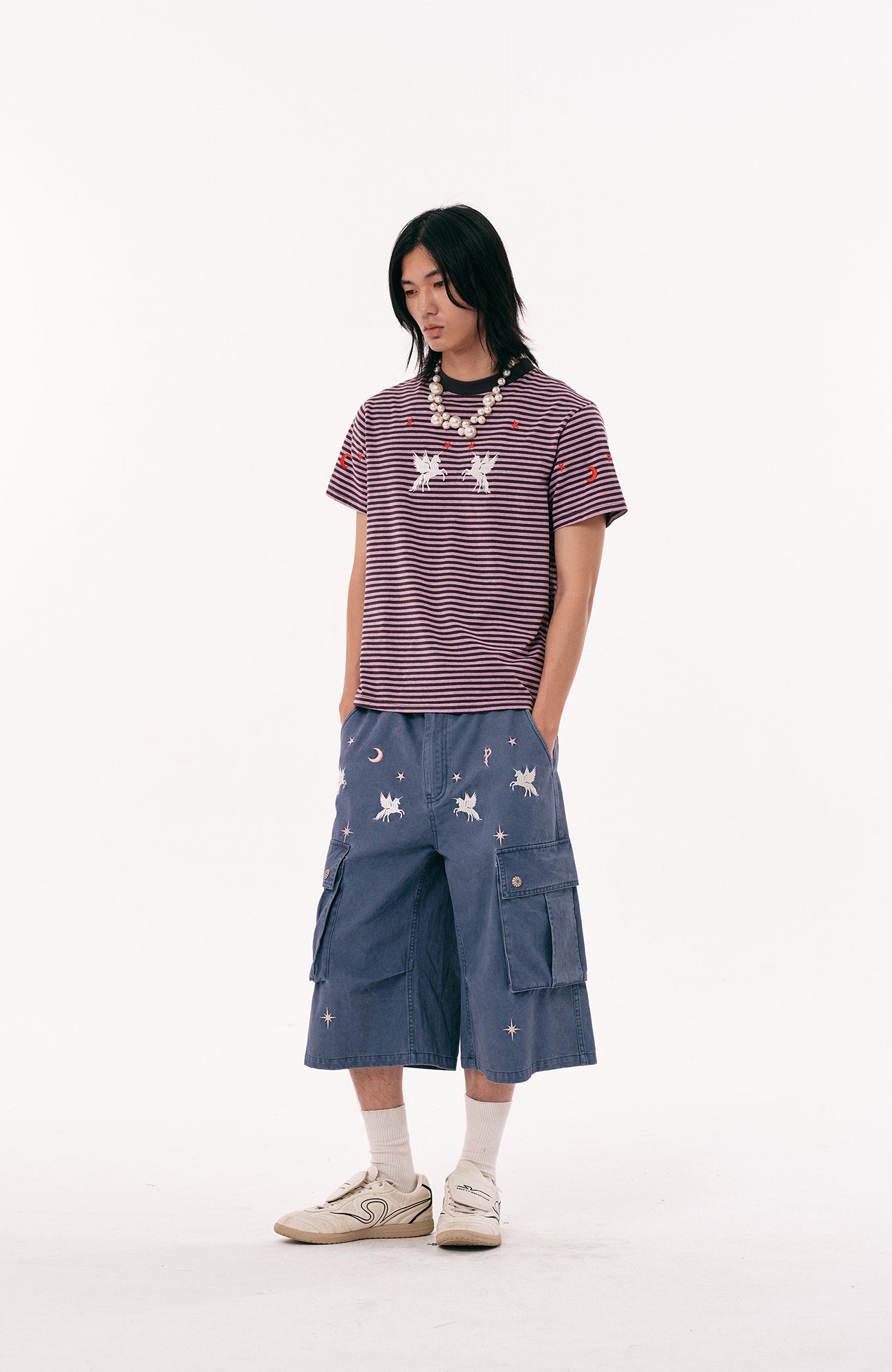 PASET Unicorn Embroidered Cargo Shorts-Shorts-S / 28"-Free Shipping Leatheretro