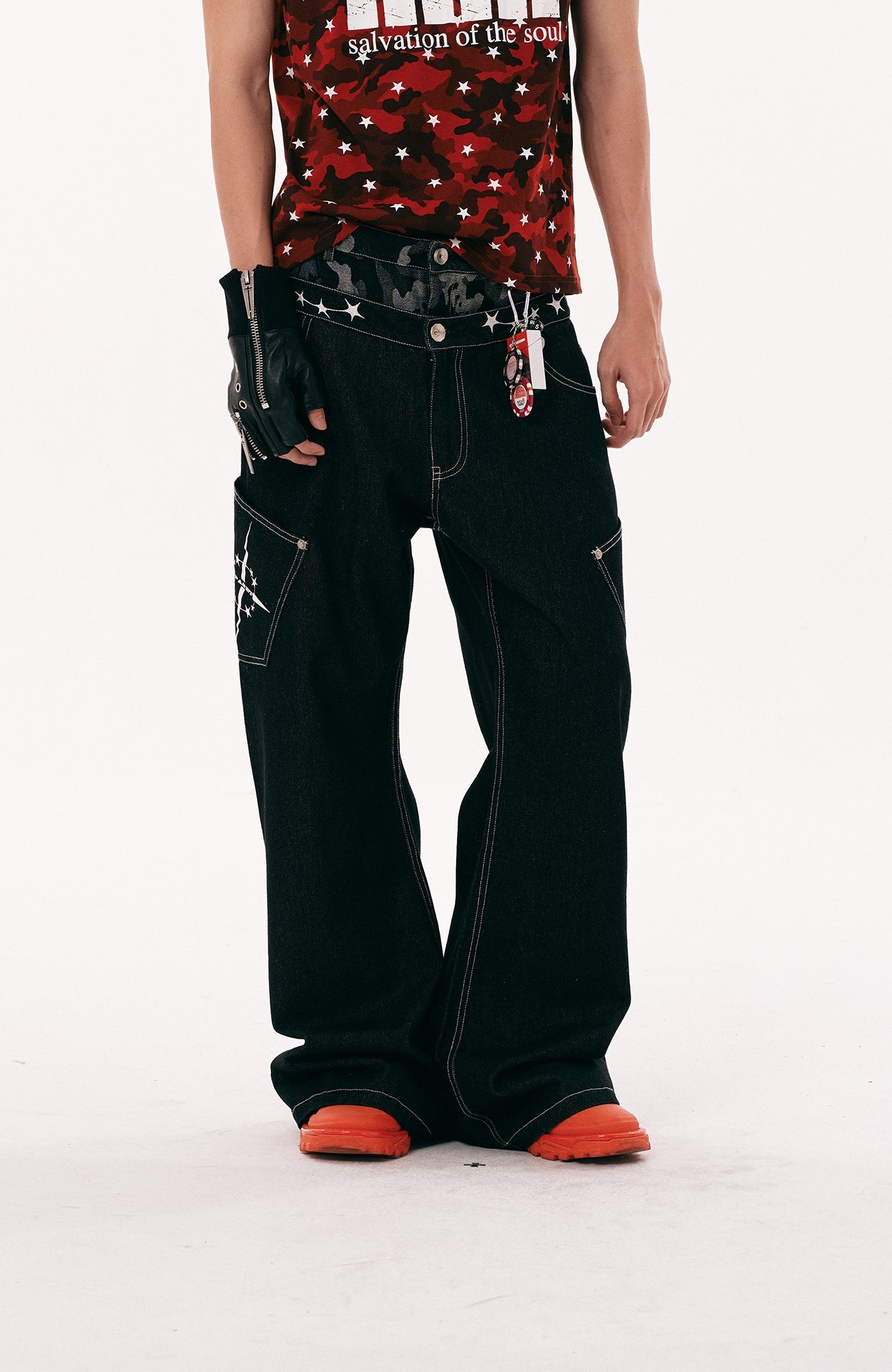 PASET Camo Double Waist Embroidered Jeans-Jeans-S / 28"-Free Shipping Leatheretro