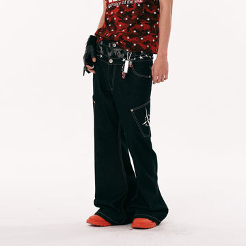 PASET Camo Double Waist Embroidered Jeans-Jeans-S / 28"-Free Shipping Leatheretro