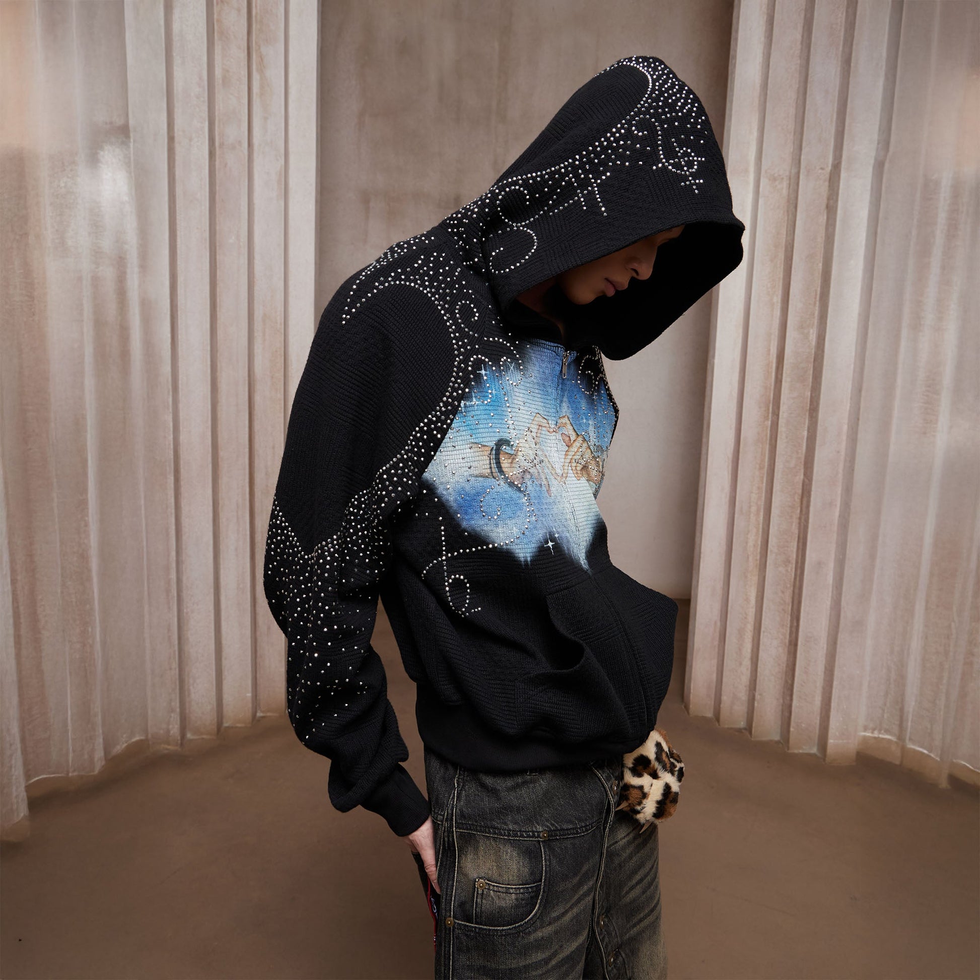 DND4DES Diamond Airbrush Zip-Up Hoodie-Jacket-S-Black-Free Shipping Leatheretro