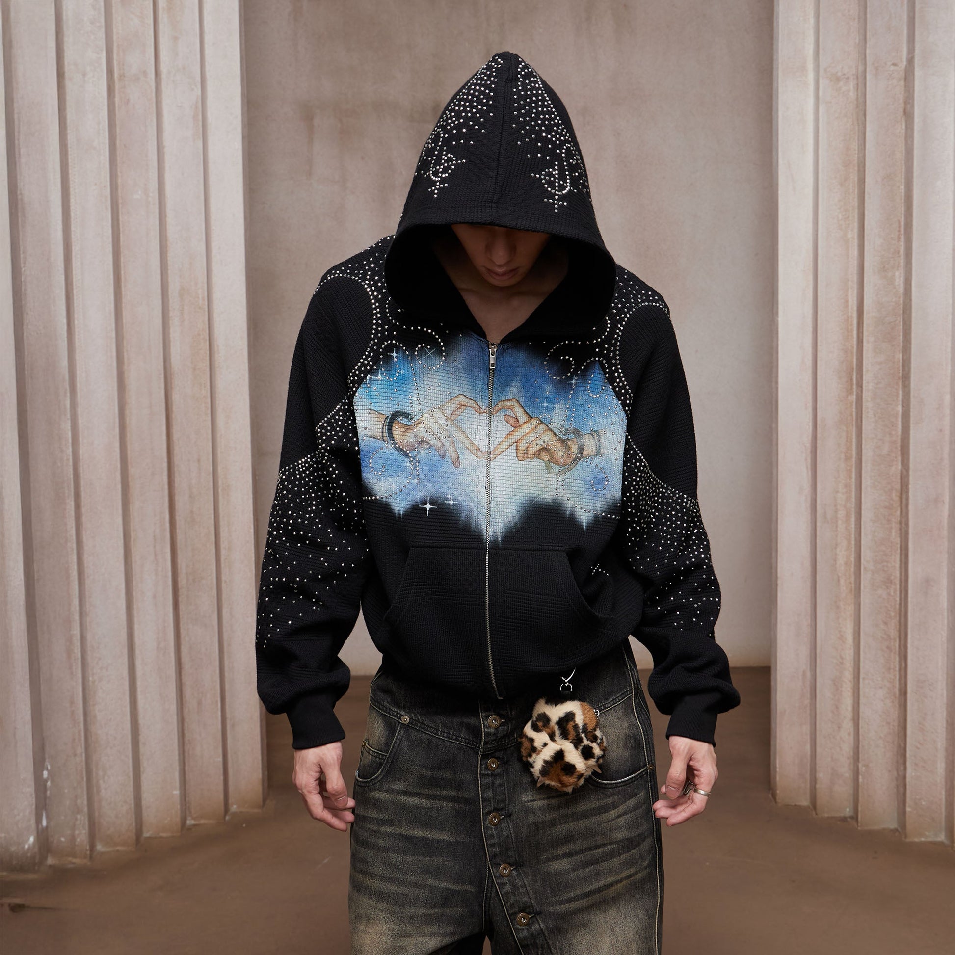 DND4DES Diamond Airbrush Zip-Up Hoodie-Jacket-S-Black-Free Shipping Leatheretro