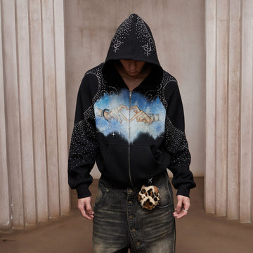 DND4DES Diamond Airbrush Zip-Up Hoodie-Jacket-S-Black-Free Shipping Leatheretro