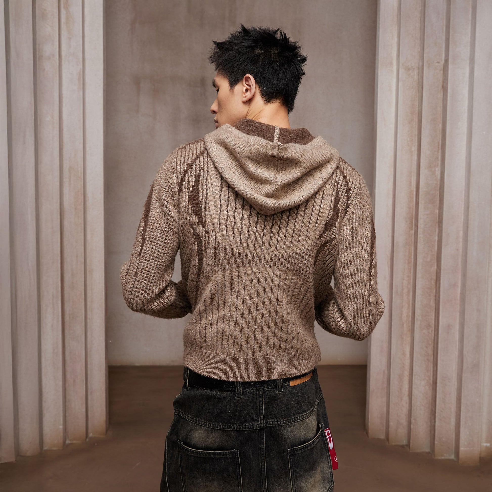 DND4DES Contrast Wool-Blend Hooded Zip Cardigan-Jacket-S-Gray (Preorder)-Free Shipping Leatheretro