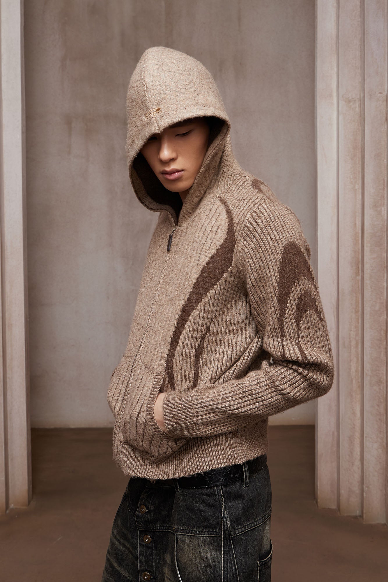 DND4DES Contrast Wool-Blend Hooded Zip Cardigan-Jacket-S-Gray (Preorder)-Free Shipping Leatheretro