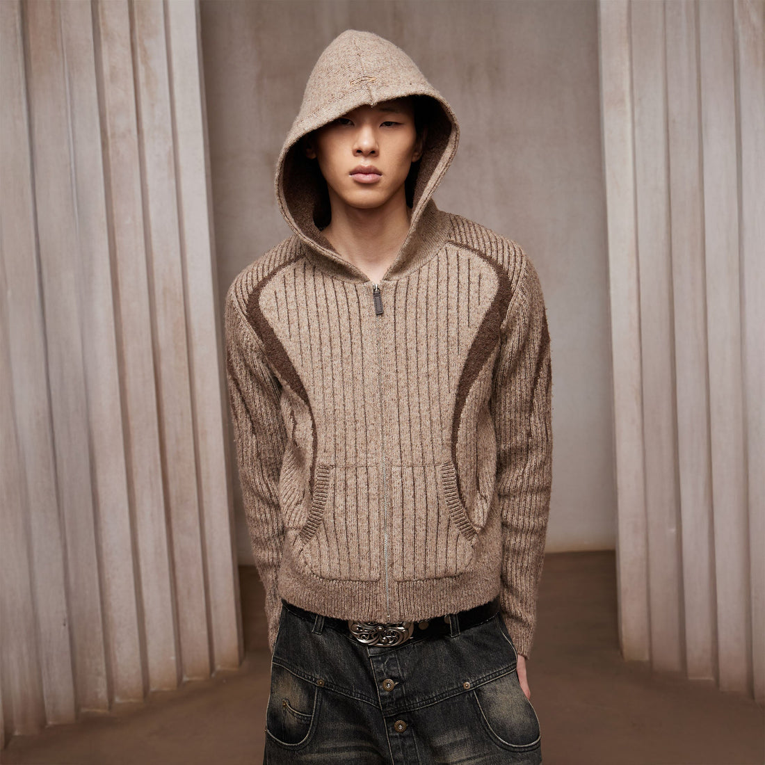 DND4DES Contrast Wool-Blend Hooded Zip Cardigan-Jacket-S-Gray (Preorder)-Free Shipping Leatheretro
