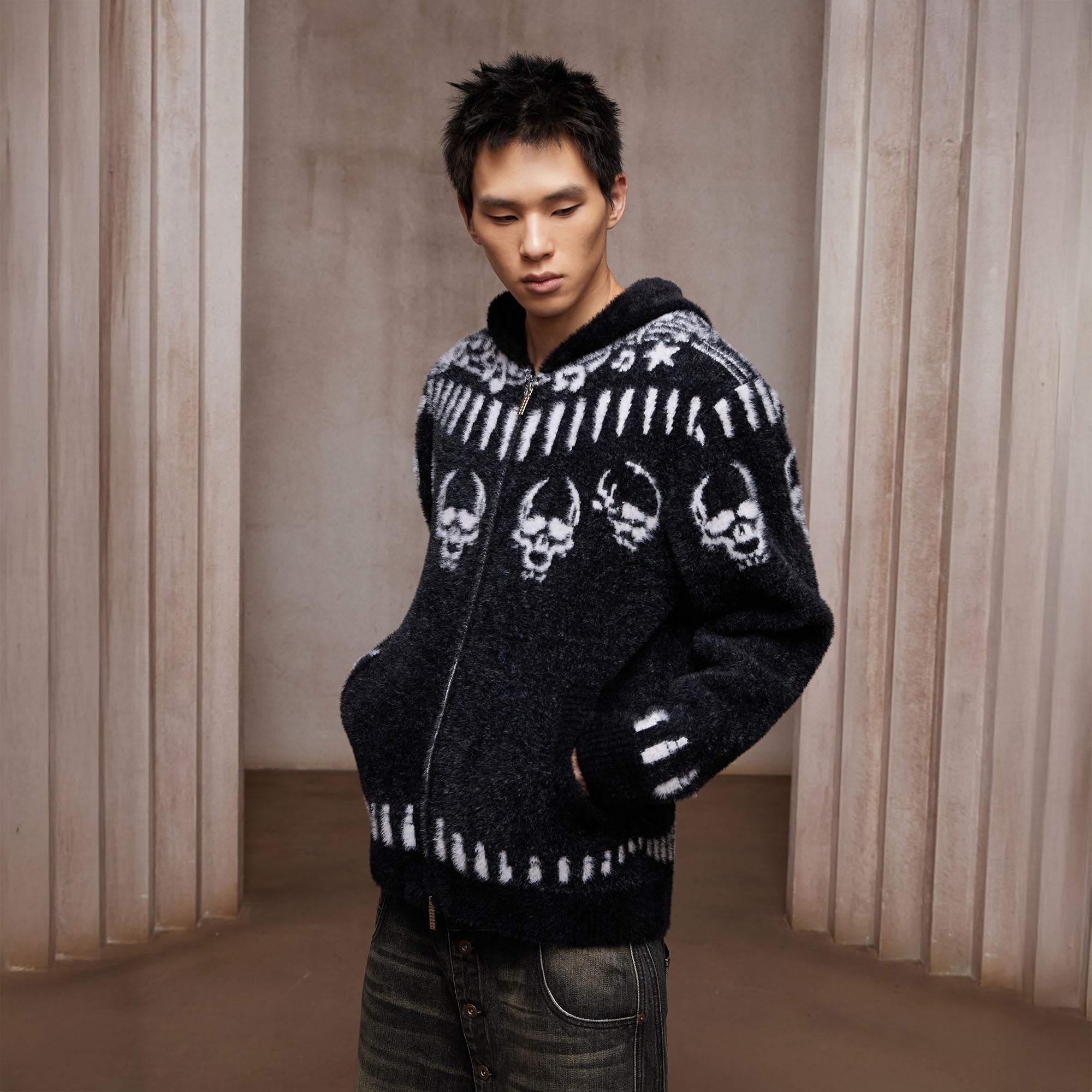 DND4DES Faux Mink Skull Jacquard Hooded Jacket-Jacket-S (Preorder)-Free Shipping Leatheretro