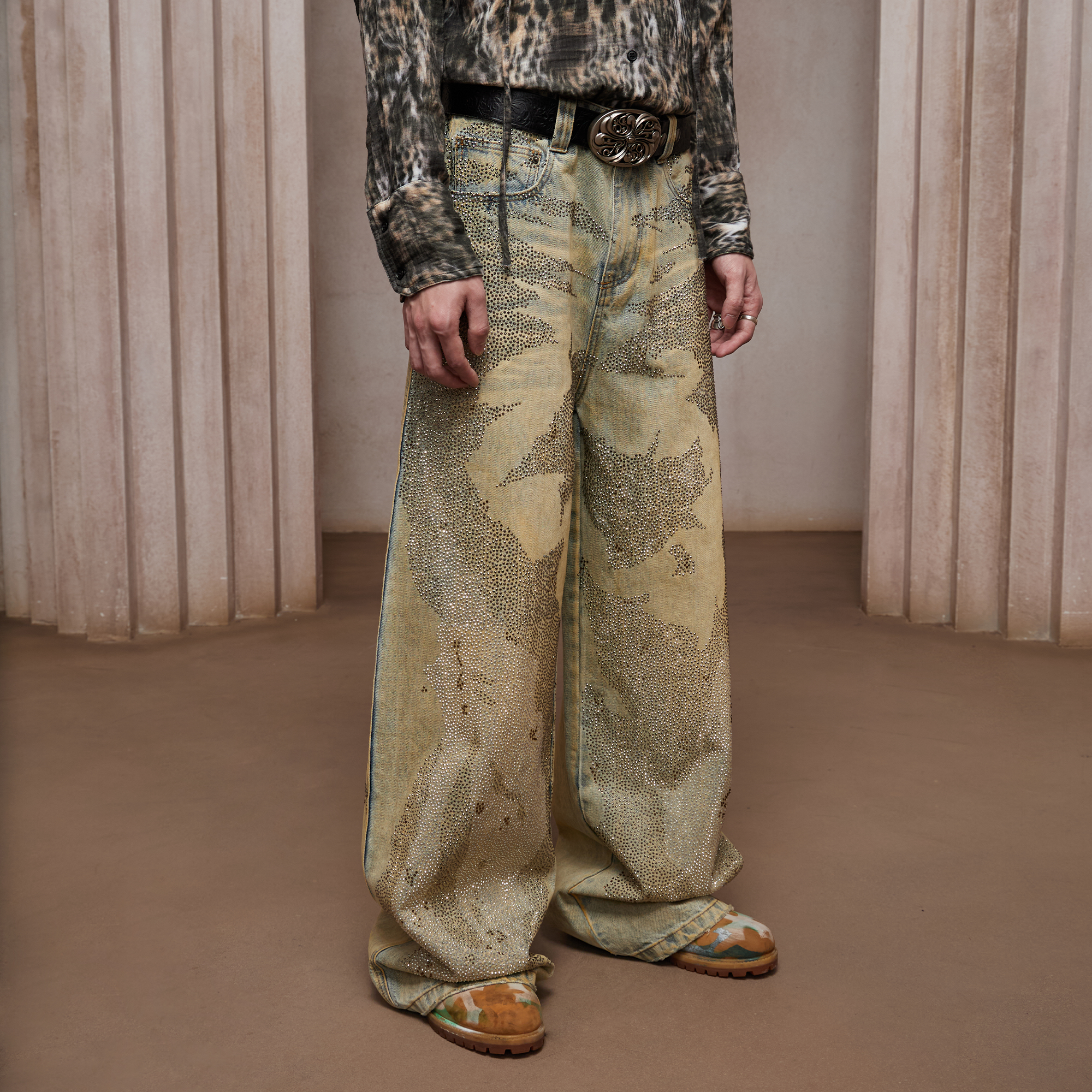 DND4DES Dirty-Washed Diamond Wide-Leg Jeans Yellow-Jeans-XS-Free Shipping Leatheretro