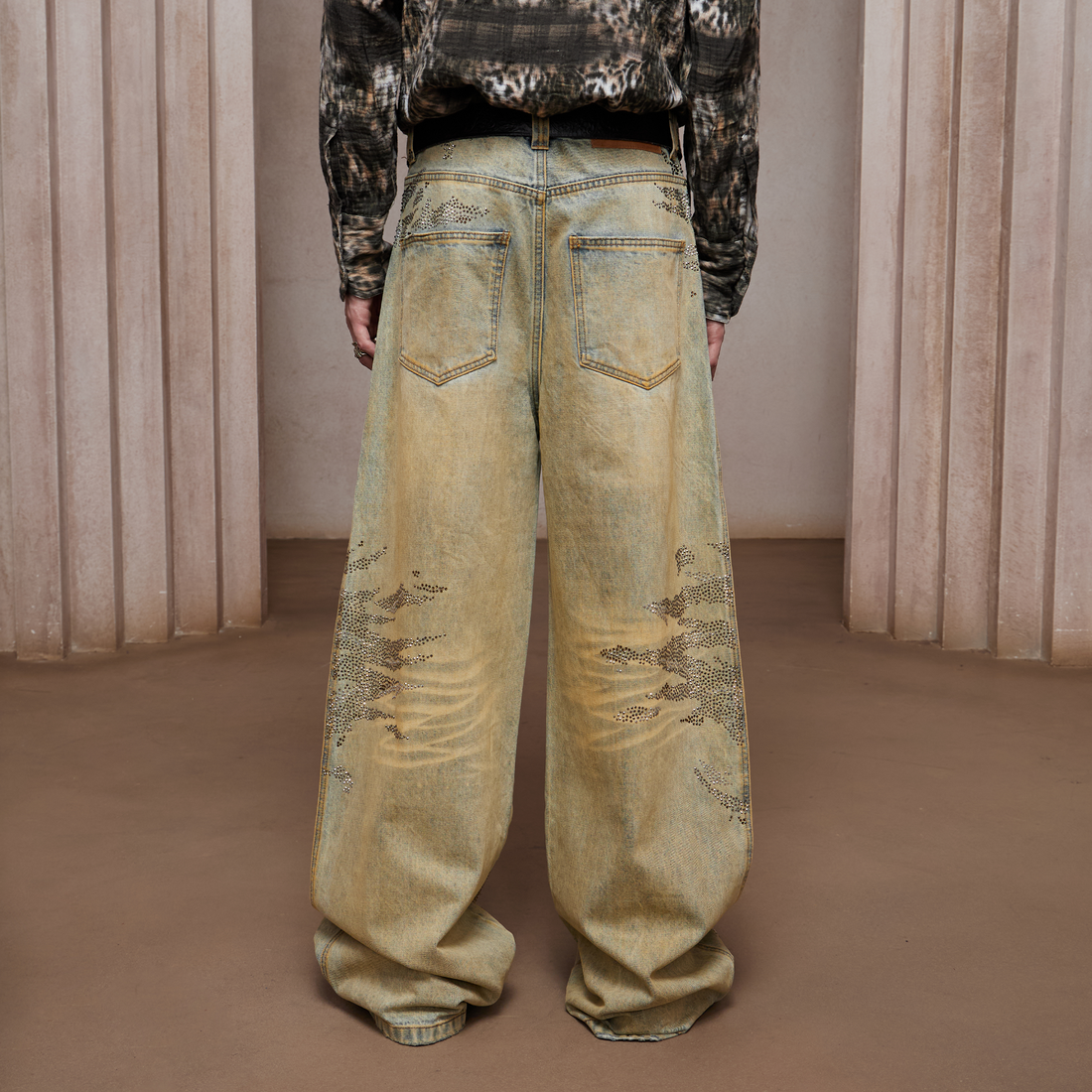 DND4DES Dirty-Washed Diamond Wide-Leg Jeans Yellow-Jeans-XS-Free Shipping Leatheretro