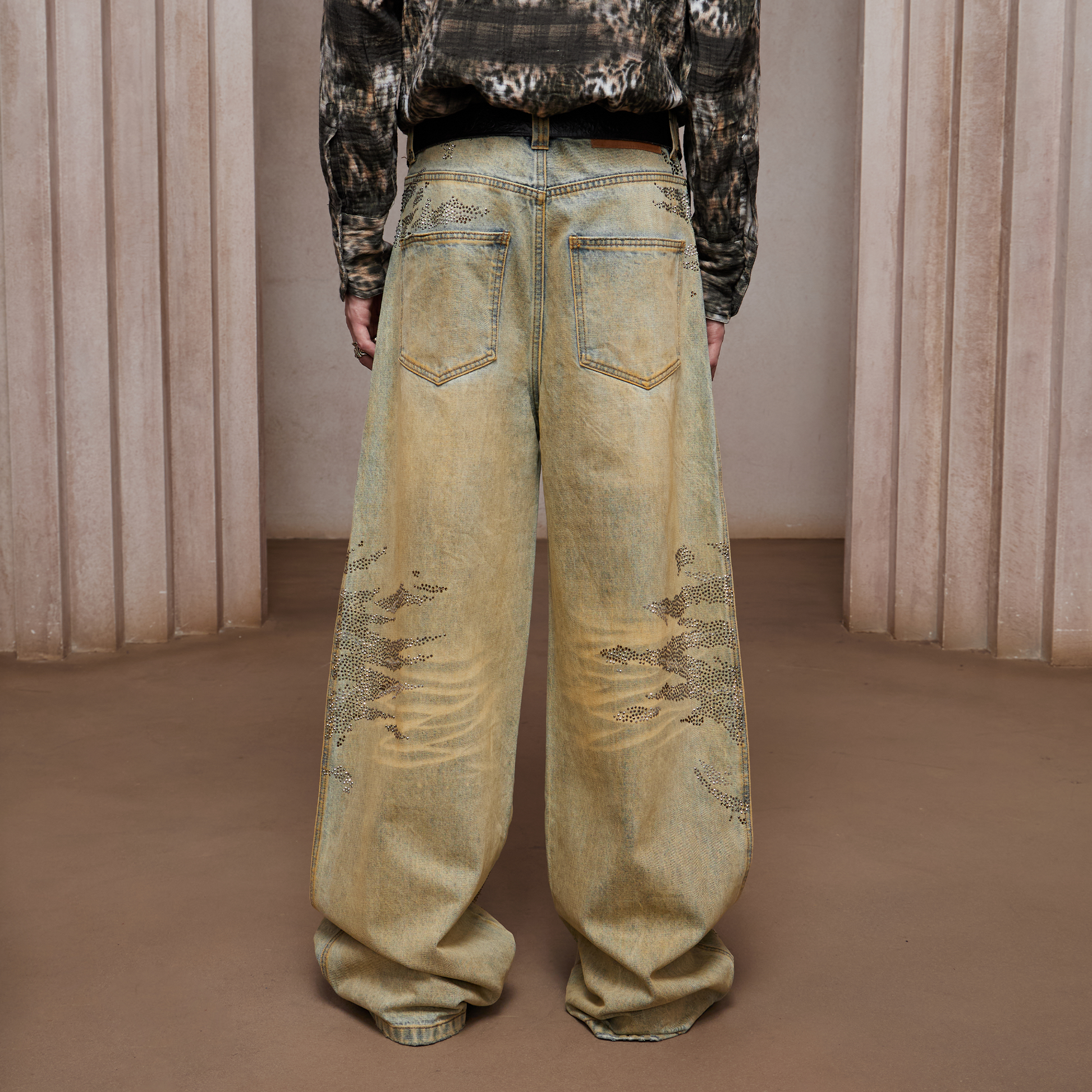 DND4DES Dirty-Washed Diamond Wide-Leg Jeans Yellow-Jeans-XS-Free Shipping Leatheretro