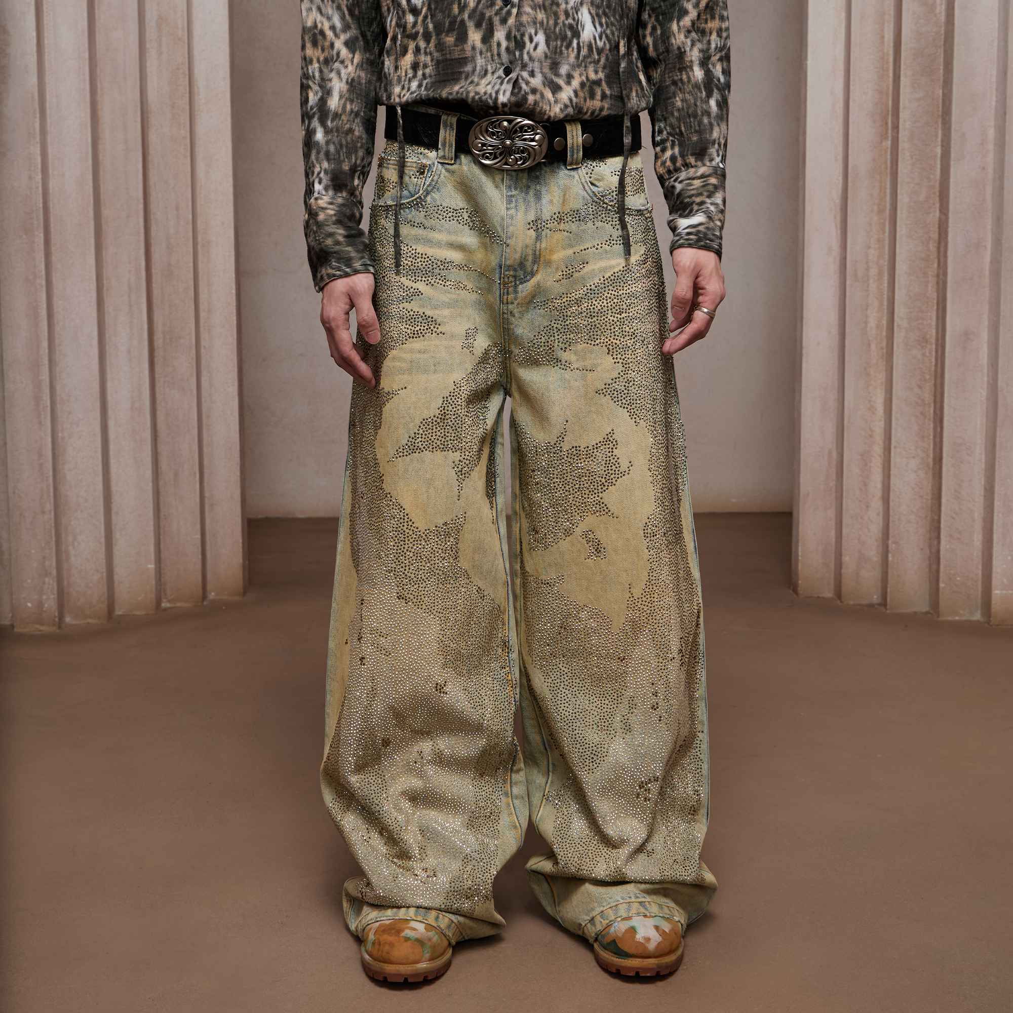 DND4DES Dirty-Washed Diamond Wide-Leg Jeans Yellow-Jeans-XS-Free Shipping Leatheretro