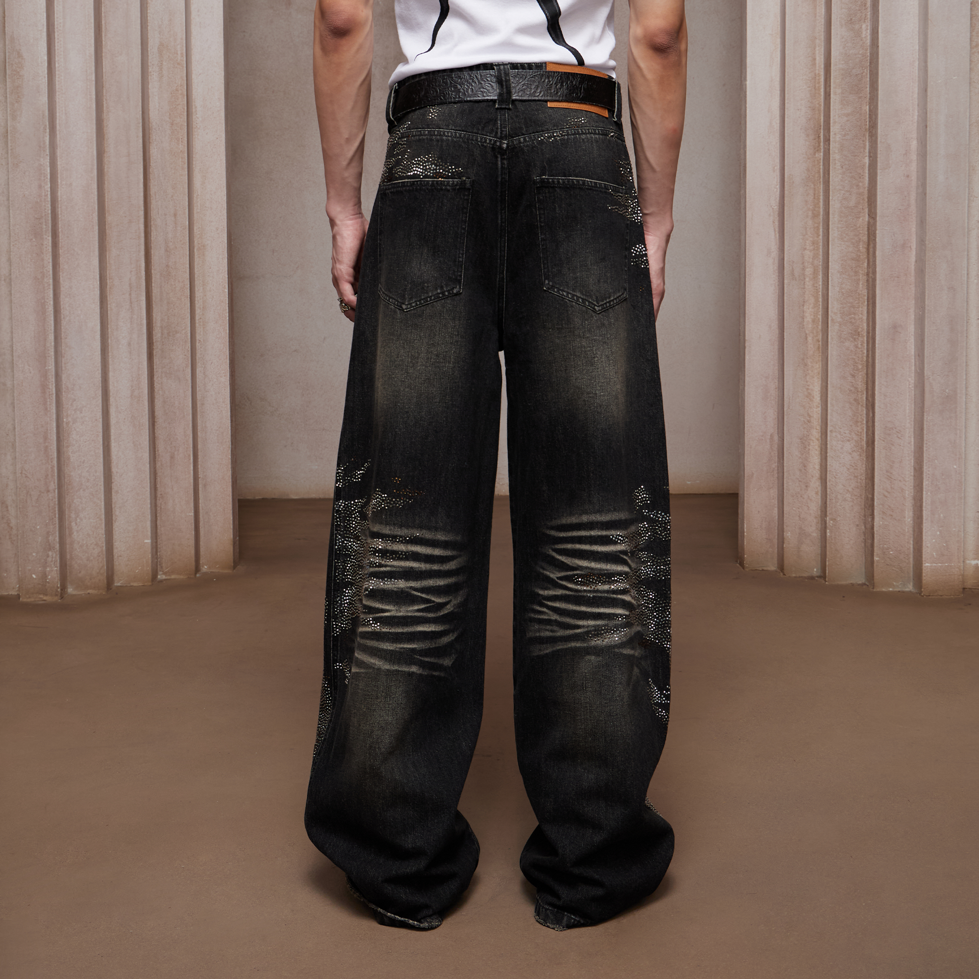 DND4DES Dirty-Washed Diamond Wide-Leg Jeans Black-Jeans-XS-Free Shipping Leatheretro