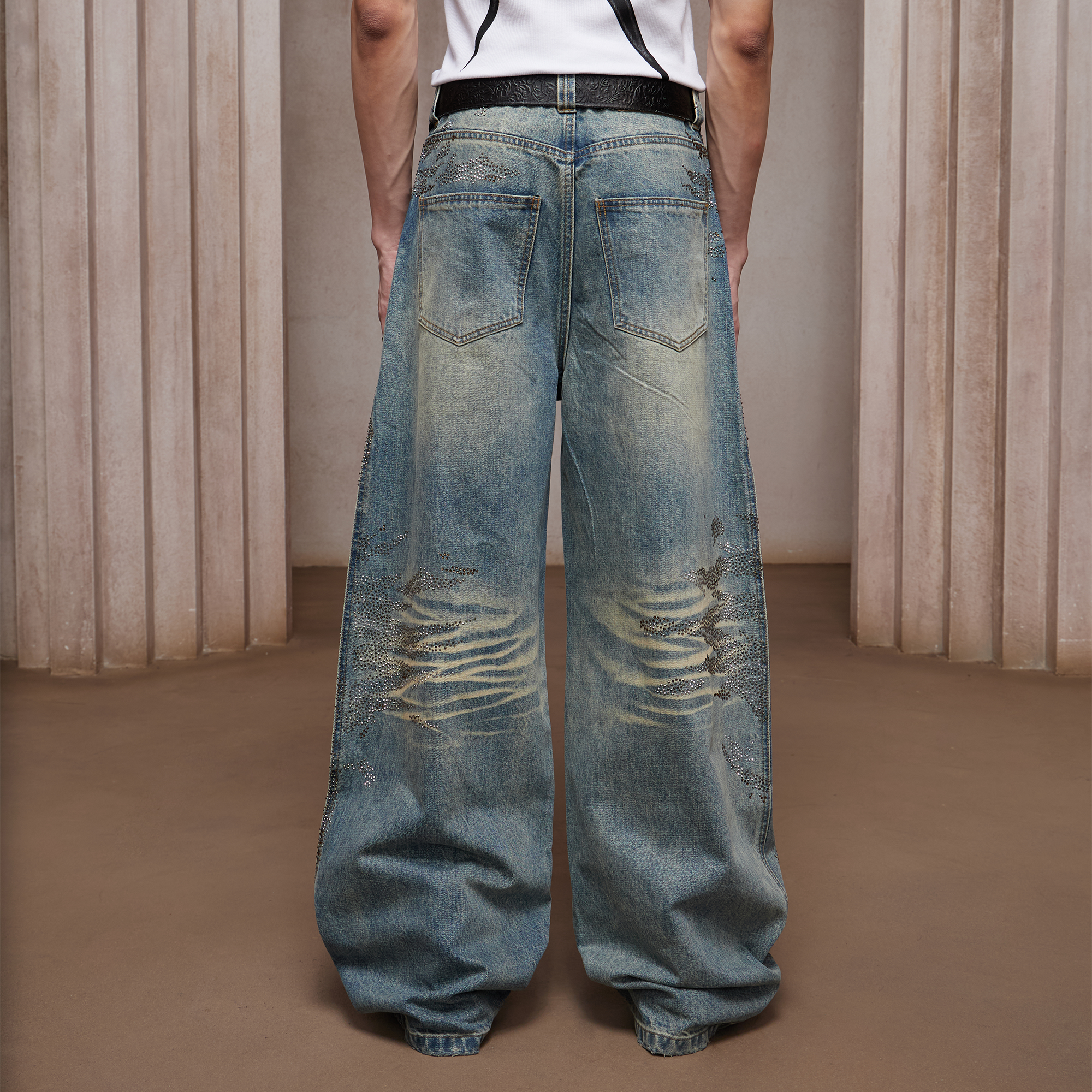 DND4DES Dirty-Washed Diamond Wide-Leg Jeans Blue-Jeans-XS-Free Shipping Leatheretro