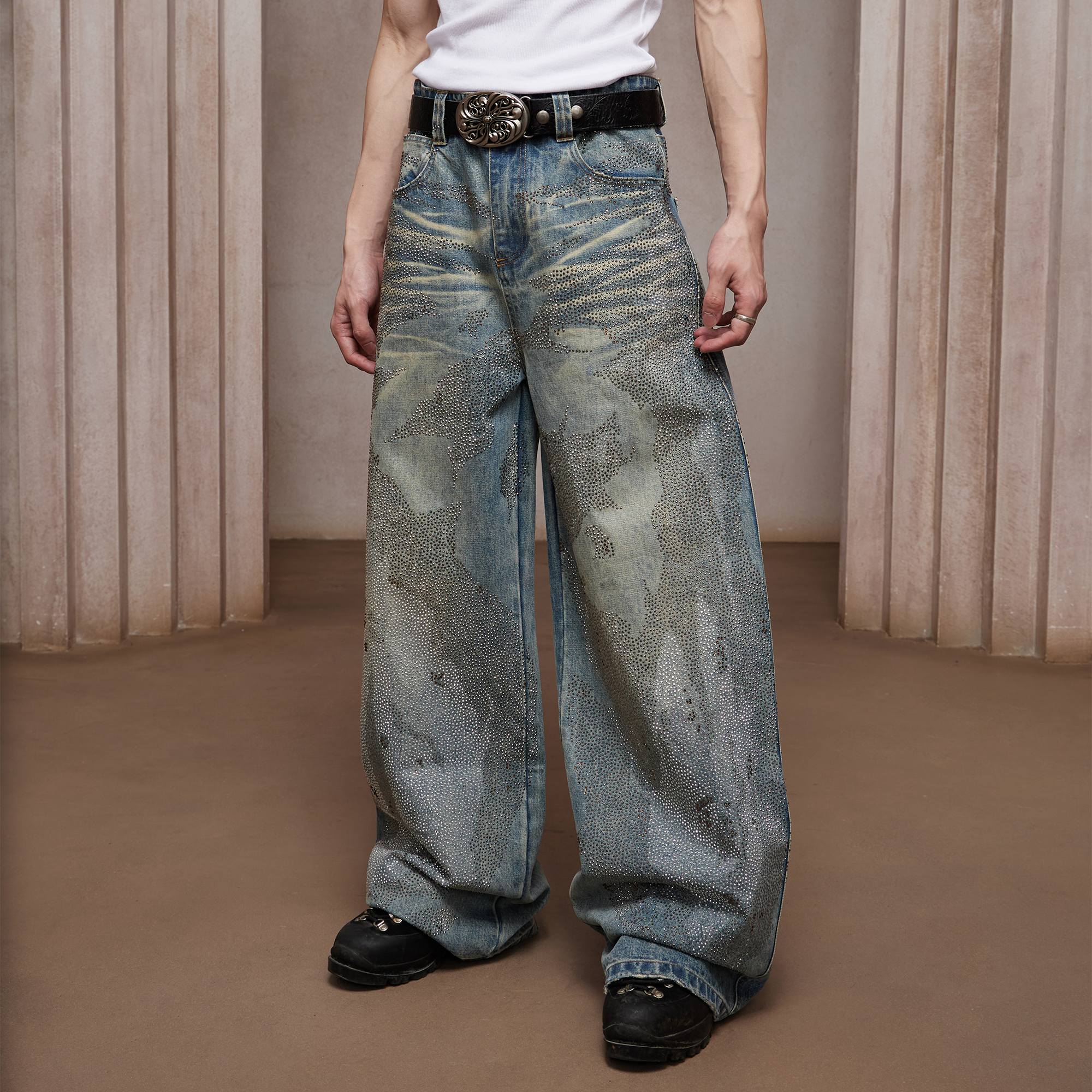 DND4DES Dirty-Washed Diamond Wide-Leg Jeans Blue-Jeans-XS-Free Shipping Leatheretro