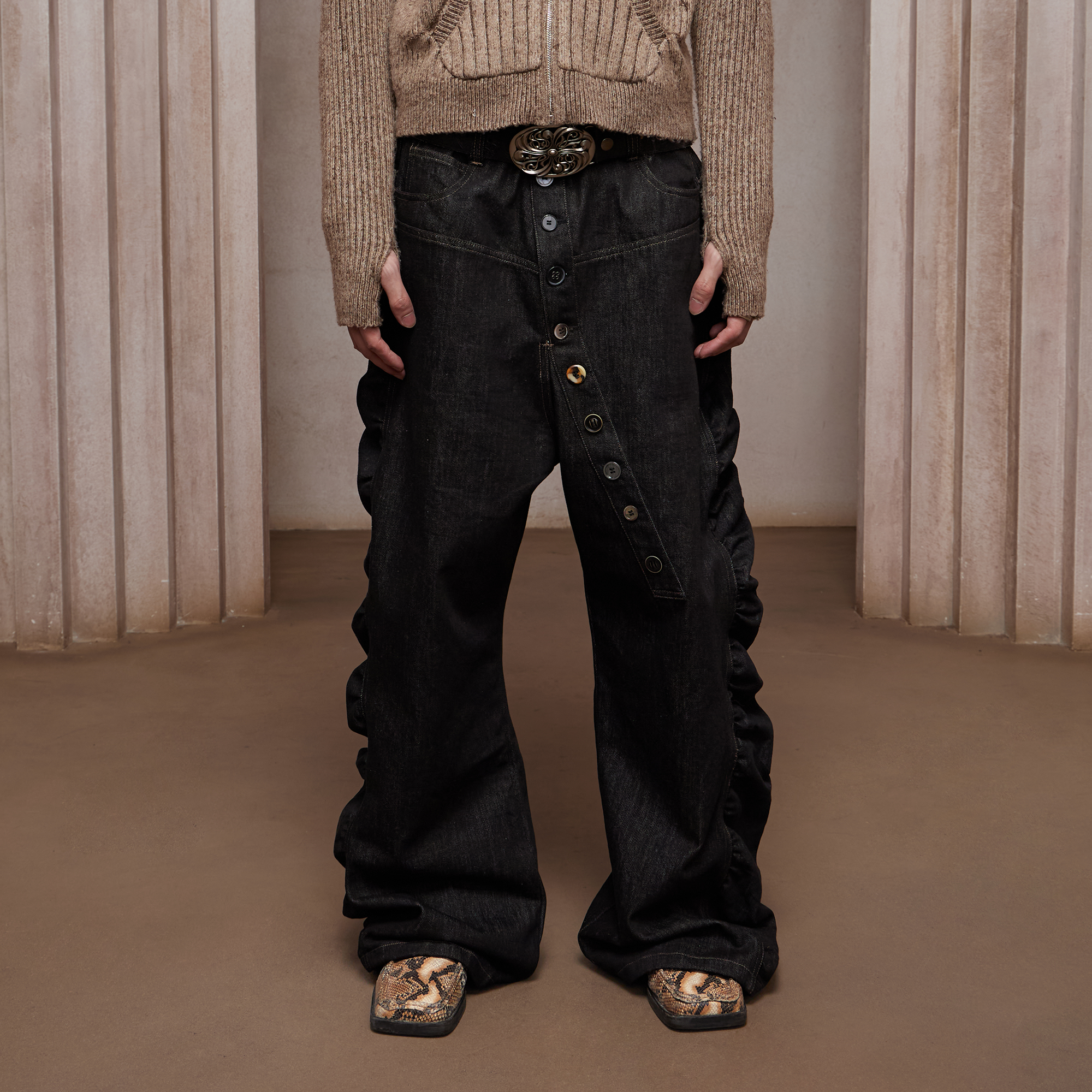 DND4DES Asym Button-Fly Ruched Baggy Jeans-Jeans-XS-Free Shipping Leatheretro