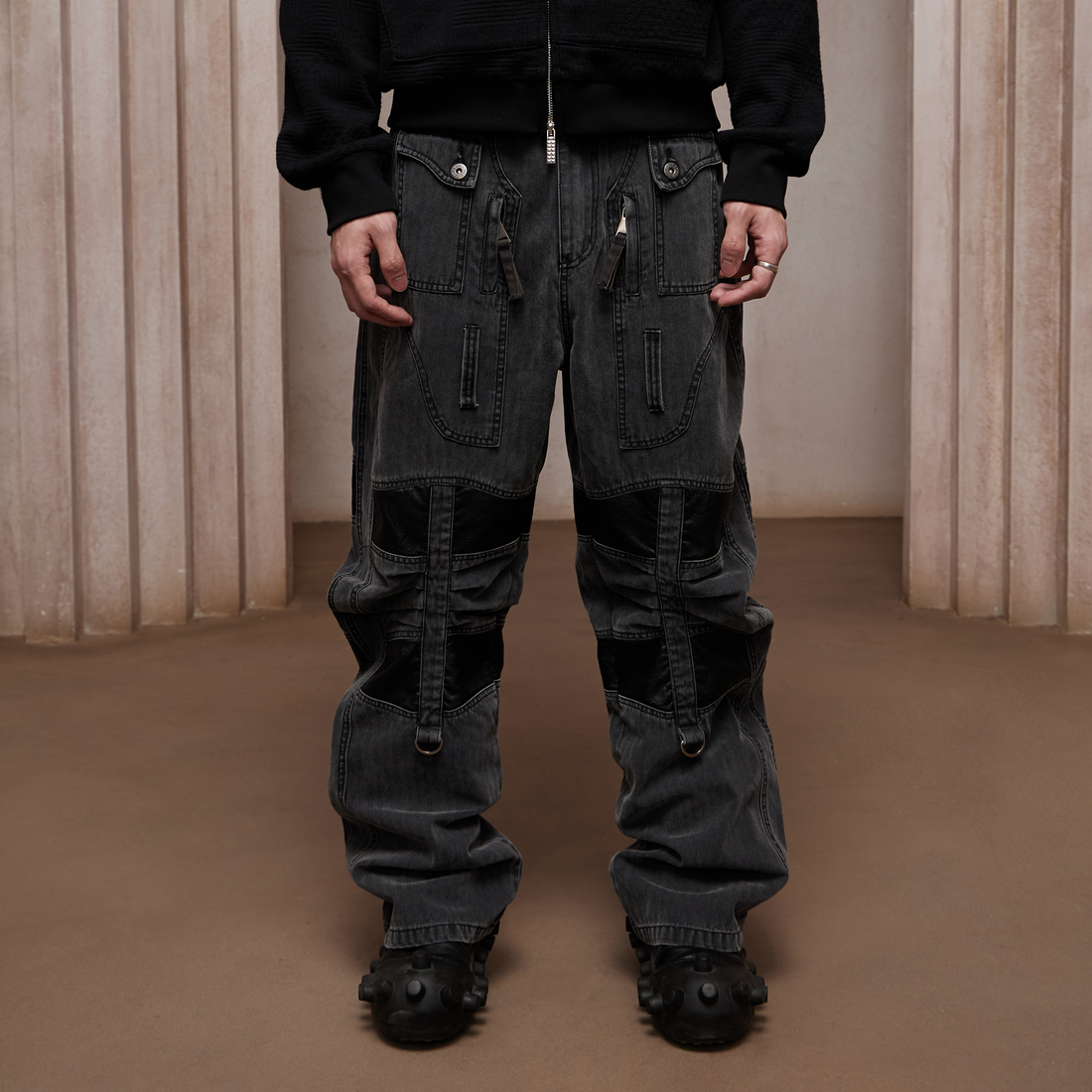 DND4DES Washed Paneled Strap-Tacked Jeans-Jeans-XS (Preorder)-Free Shipping Leatheretro