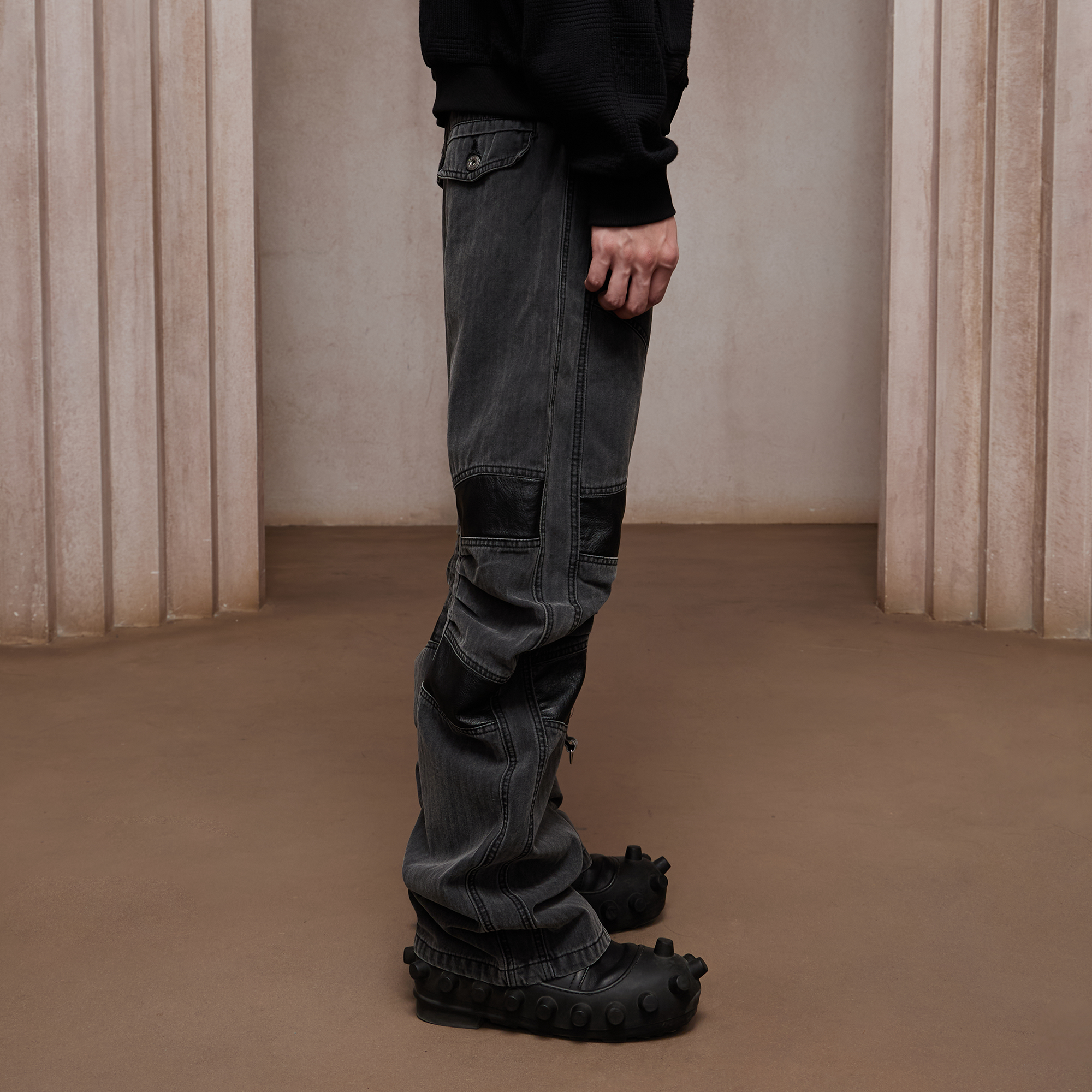 DND4DES Washed Paneled Strap-Tacked Jeans-Jeans-XS (Preorder)-Free Shipping Leatheretro