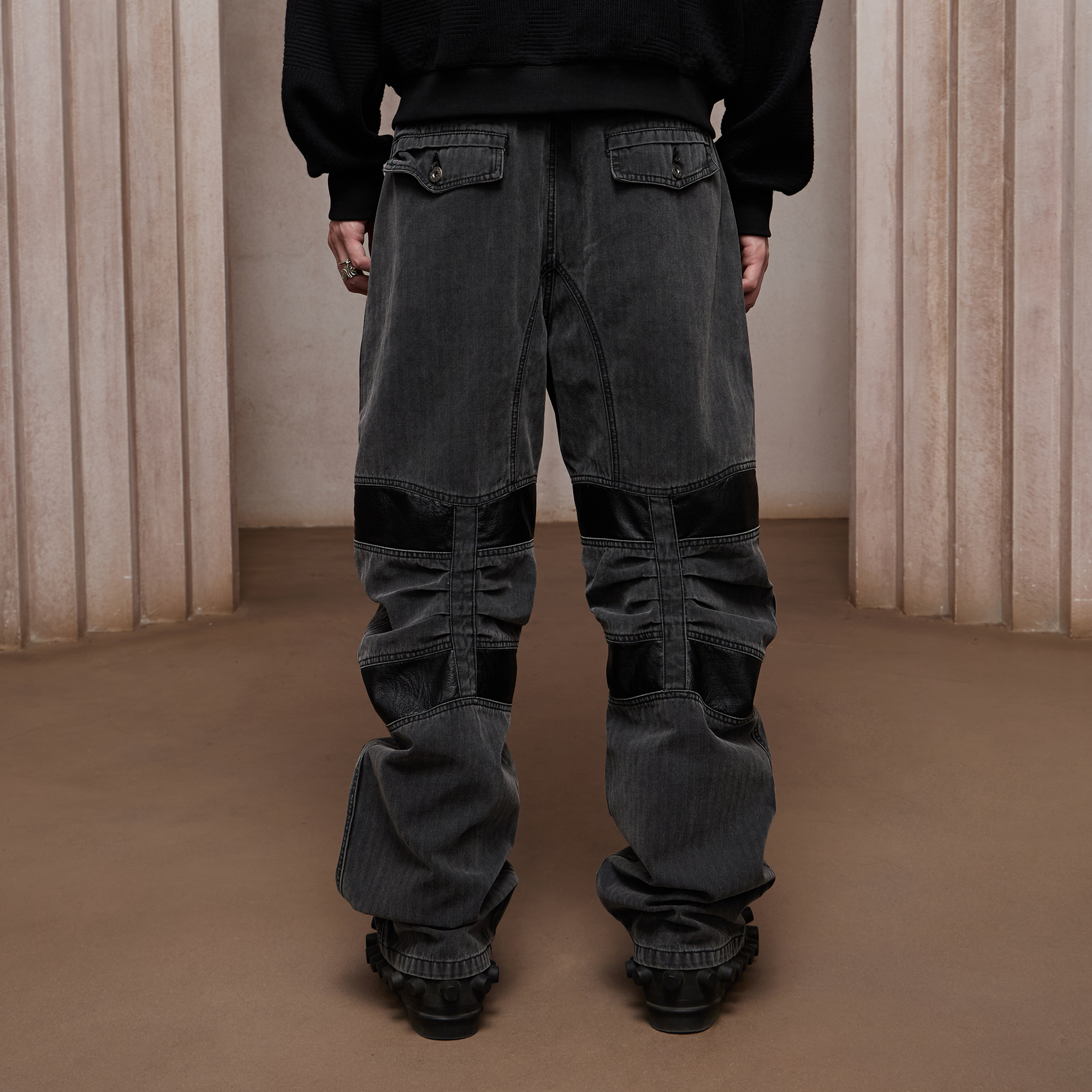 DND4DES Washed Paneled Strap-Tacked Jeans-Jeans-XS (Preorder)-Free Shipping Leatheretro