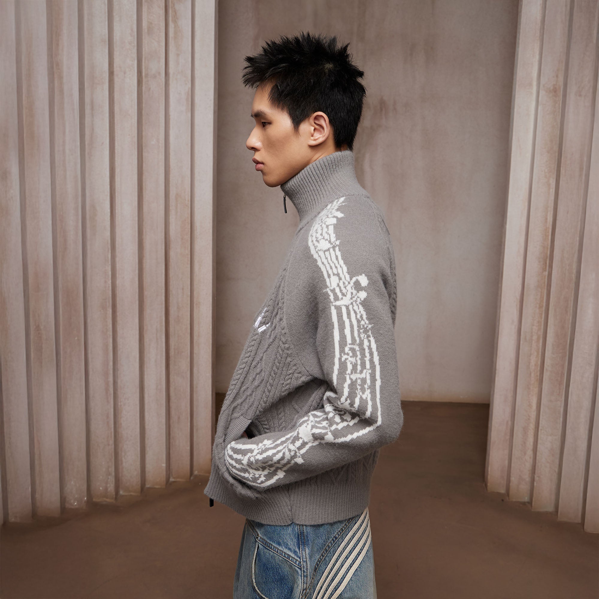 DND4DES Cable-Knit Music Stripes Zip Cardigan-Jacket-S (Preorder)-Gray-Free Shipping Leatheretro