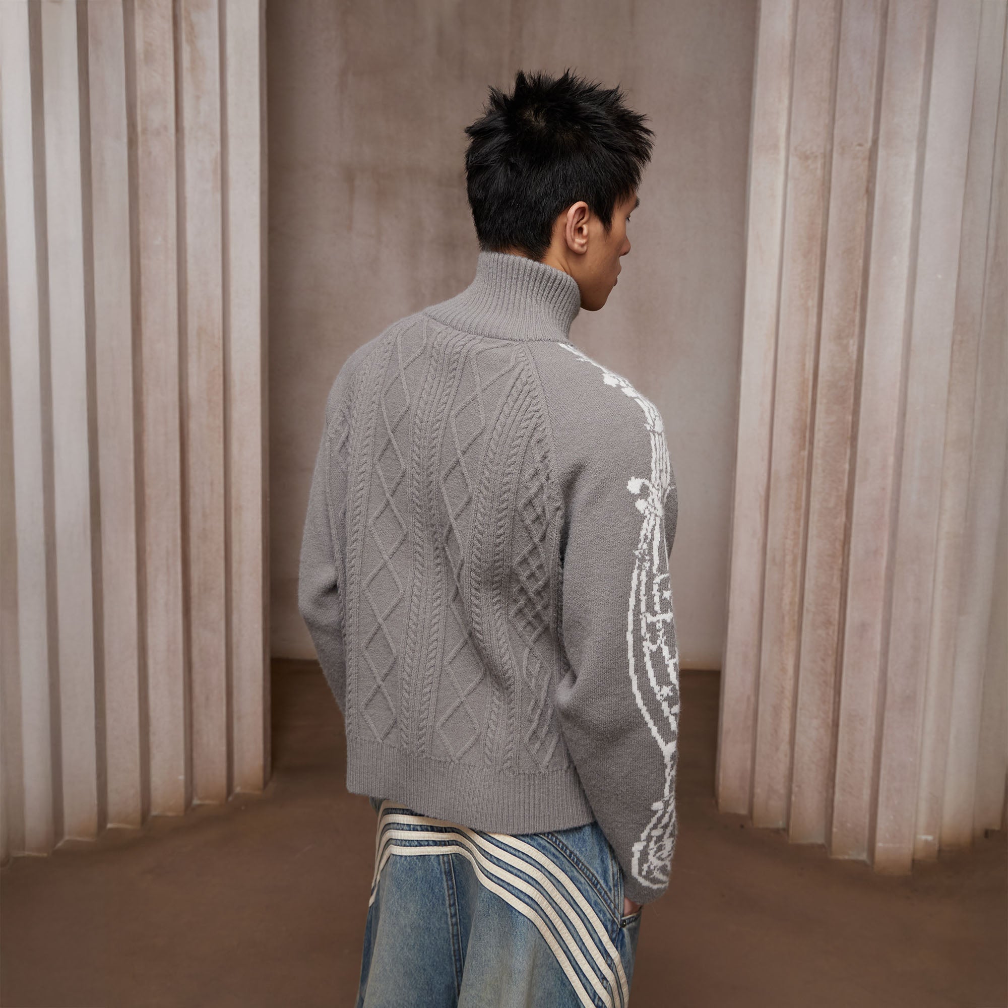 DND4DES Cable-Knit Music Stripes Zip Cardigan-Jacket-S (Preorder)-Gray-Free Shipping Leatheretro