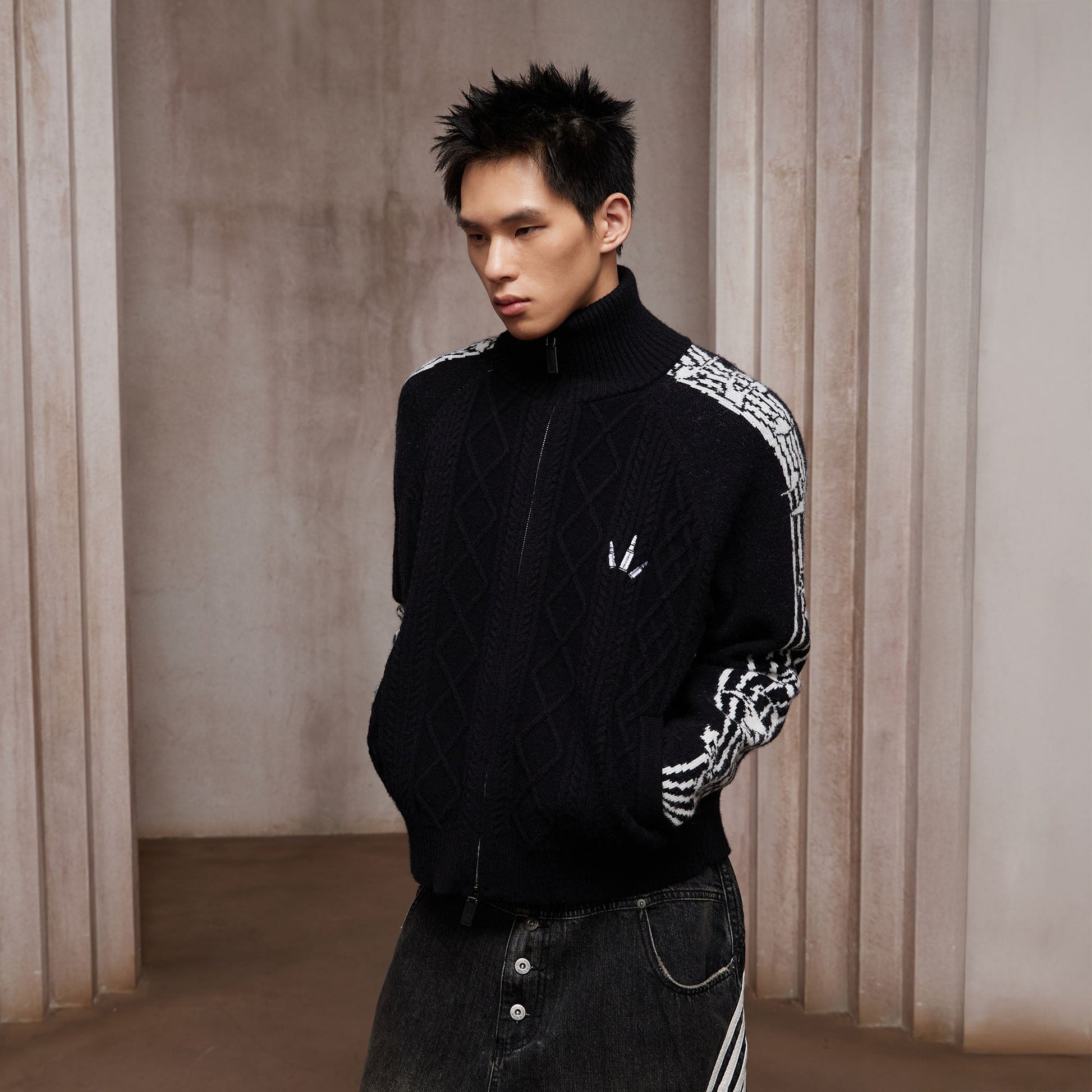 DND4DES Cable-Knit Music Stripes Zip Cardigan-Jacket-S (Preorder)-Gray-Free Shipping Leatheretro