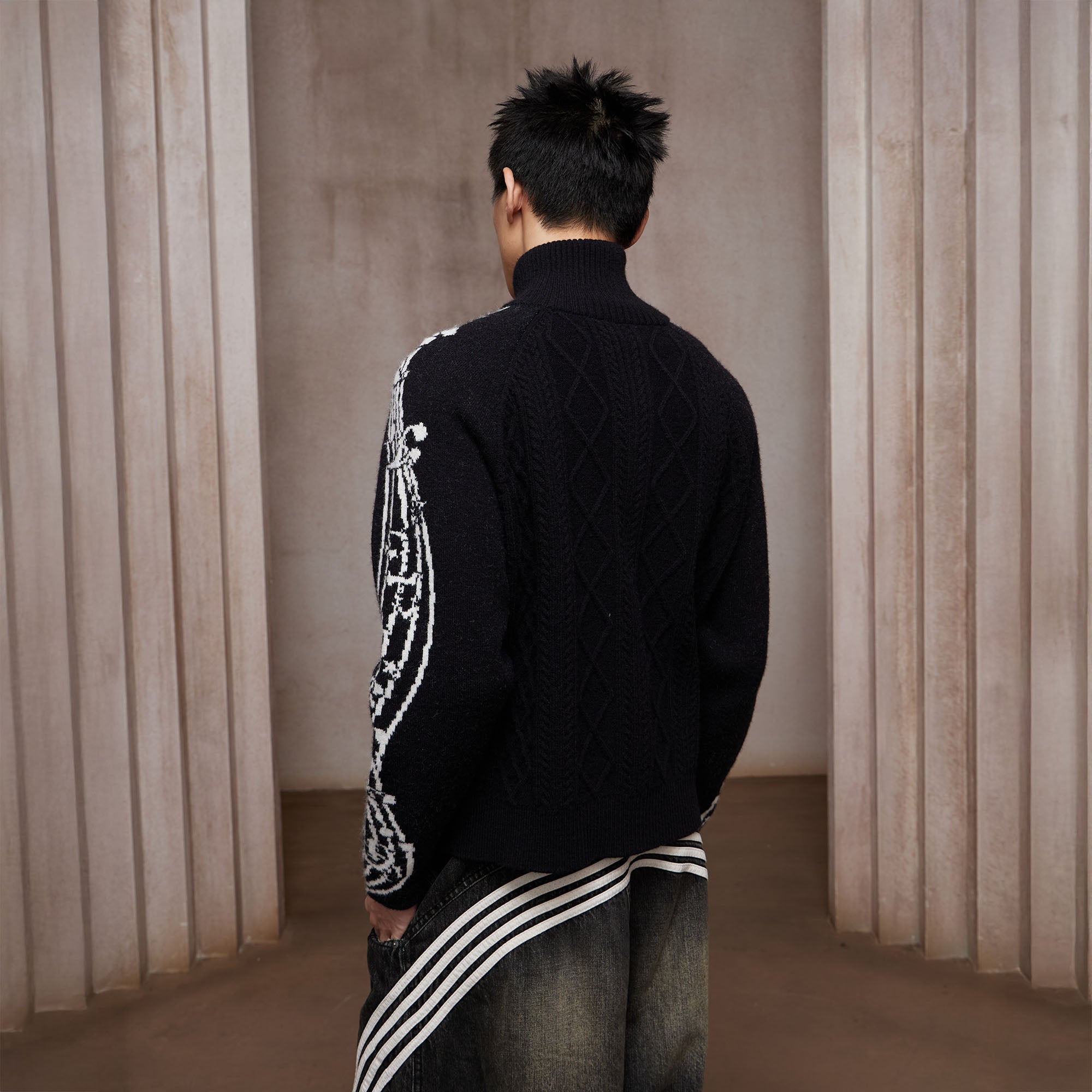 DND4DES Cable-Knit Music Stripes Zip Cardigan-Jacket-S (Preorder)-Gray-Free Shipping Leatheretro