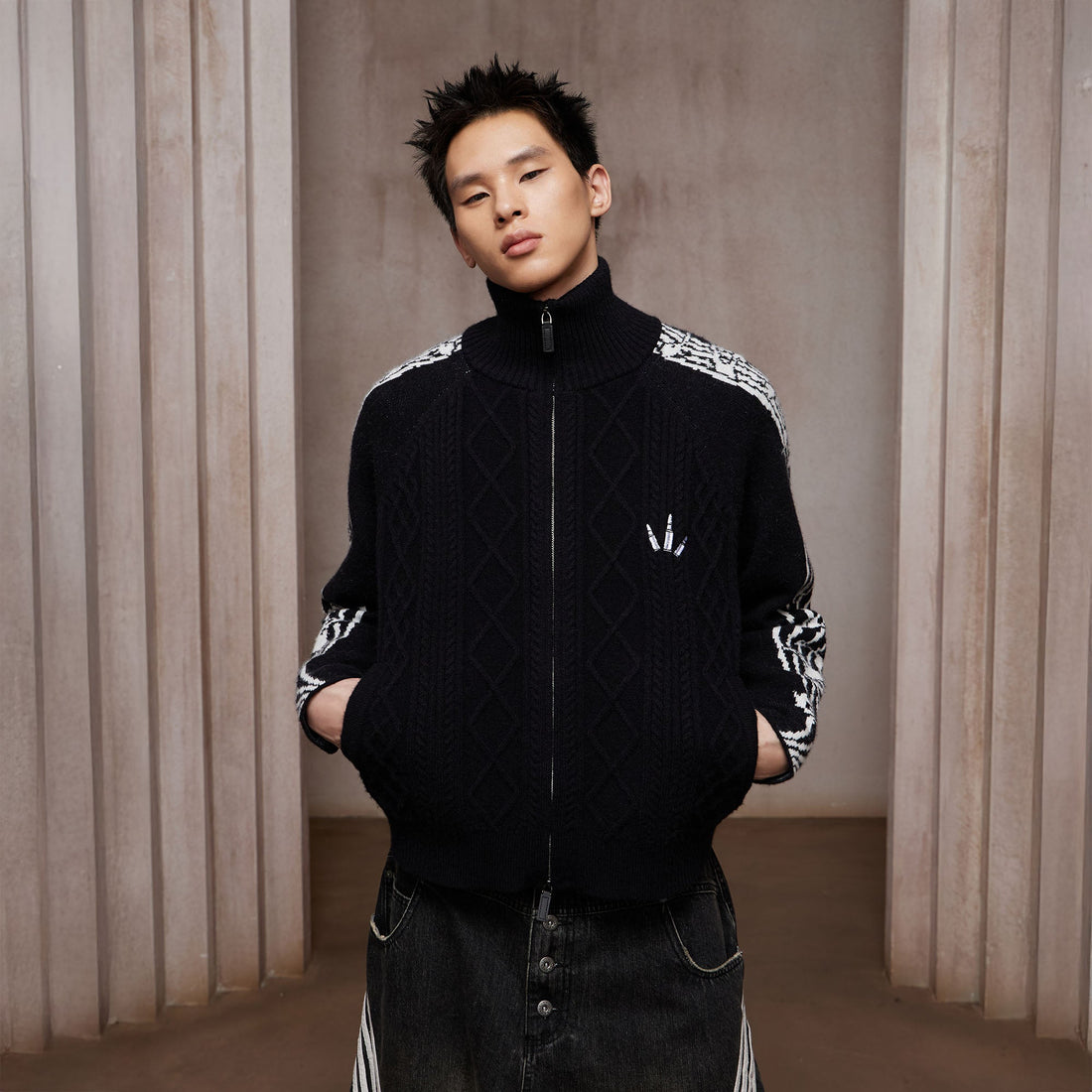 DND4DES Cable-Knit Music Stripes Zip Cardigan-Jacket-S (Preorder)-Gray-Free Shipping Leatheretro