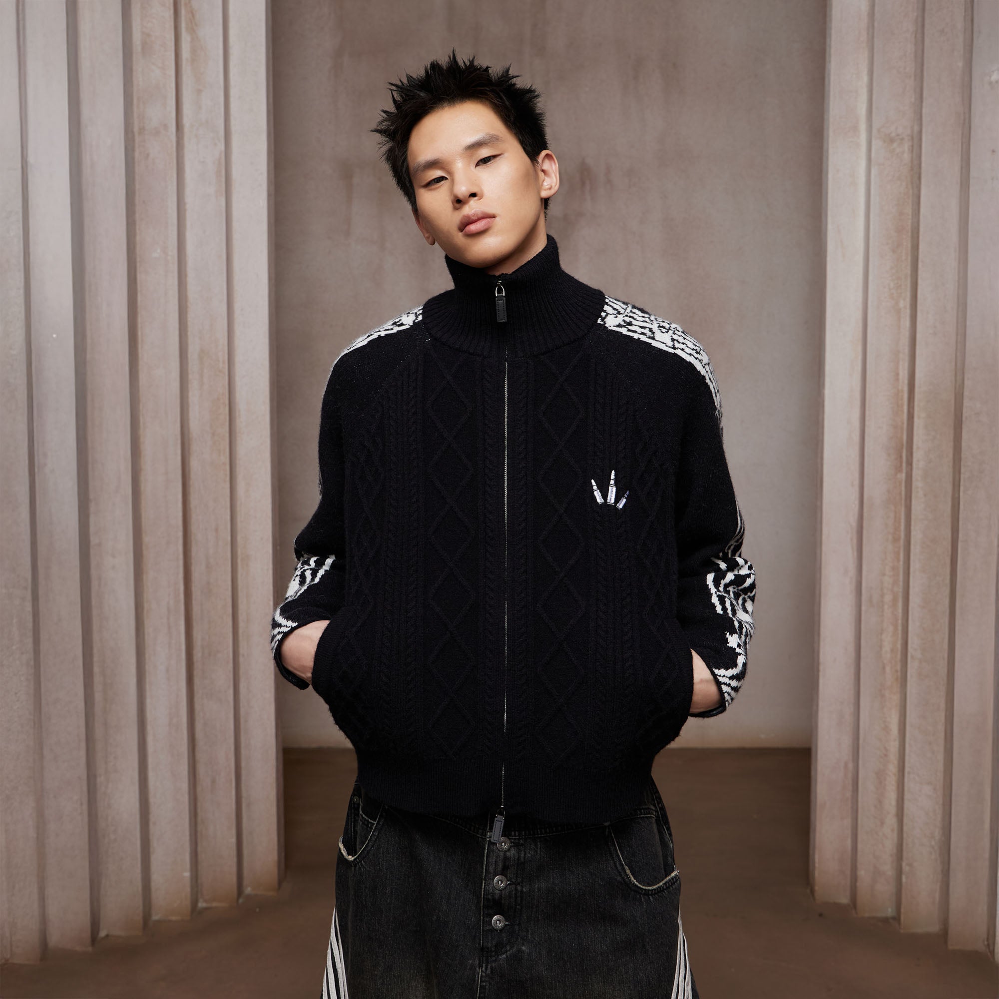 DND4DES Cable-Knit Music Stripes Zip Cardigan-Jacket-S (Preorder)-Gray-Free Shipping Leatheretro