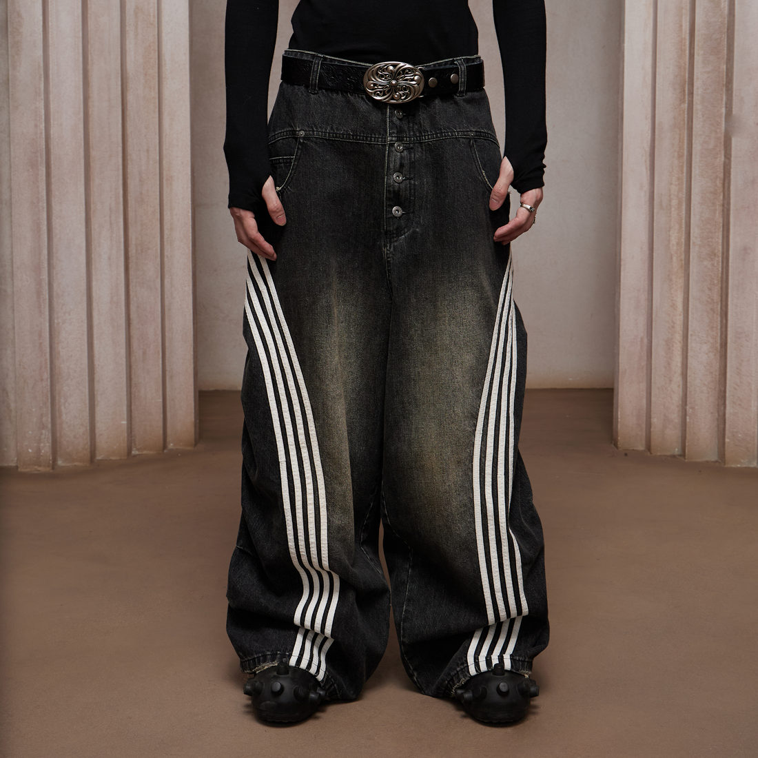 DND4DES Washed Ruched Striped Baggy Jeans-Jeans-XS (Preorder)-Blue-Free Shipping Leatheretro