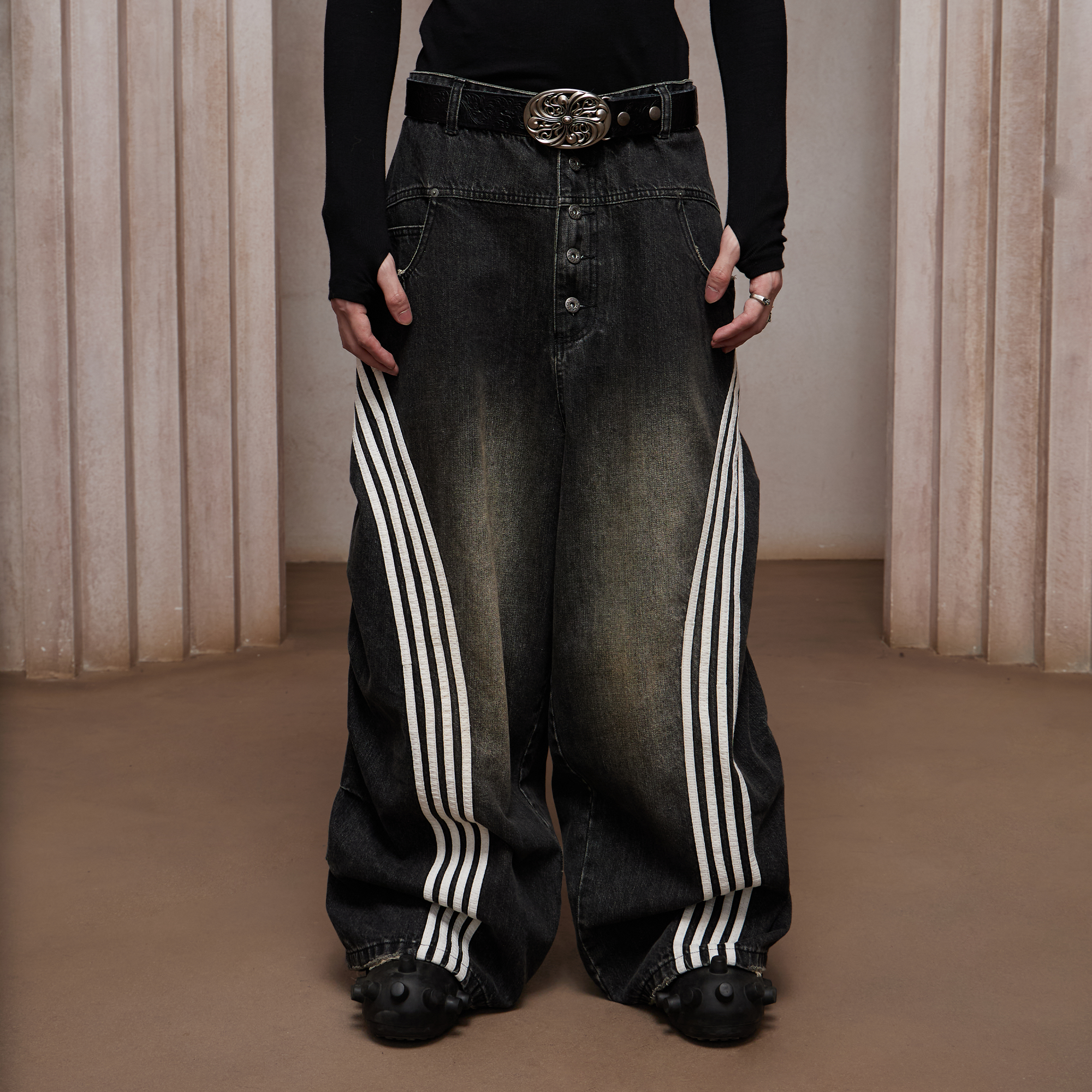 DND4DES Washed Ruched Striped Baggy Jeans-Jeans-XS (Preorder)-Blue-Free Shipping Leatheretro