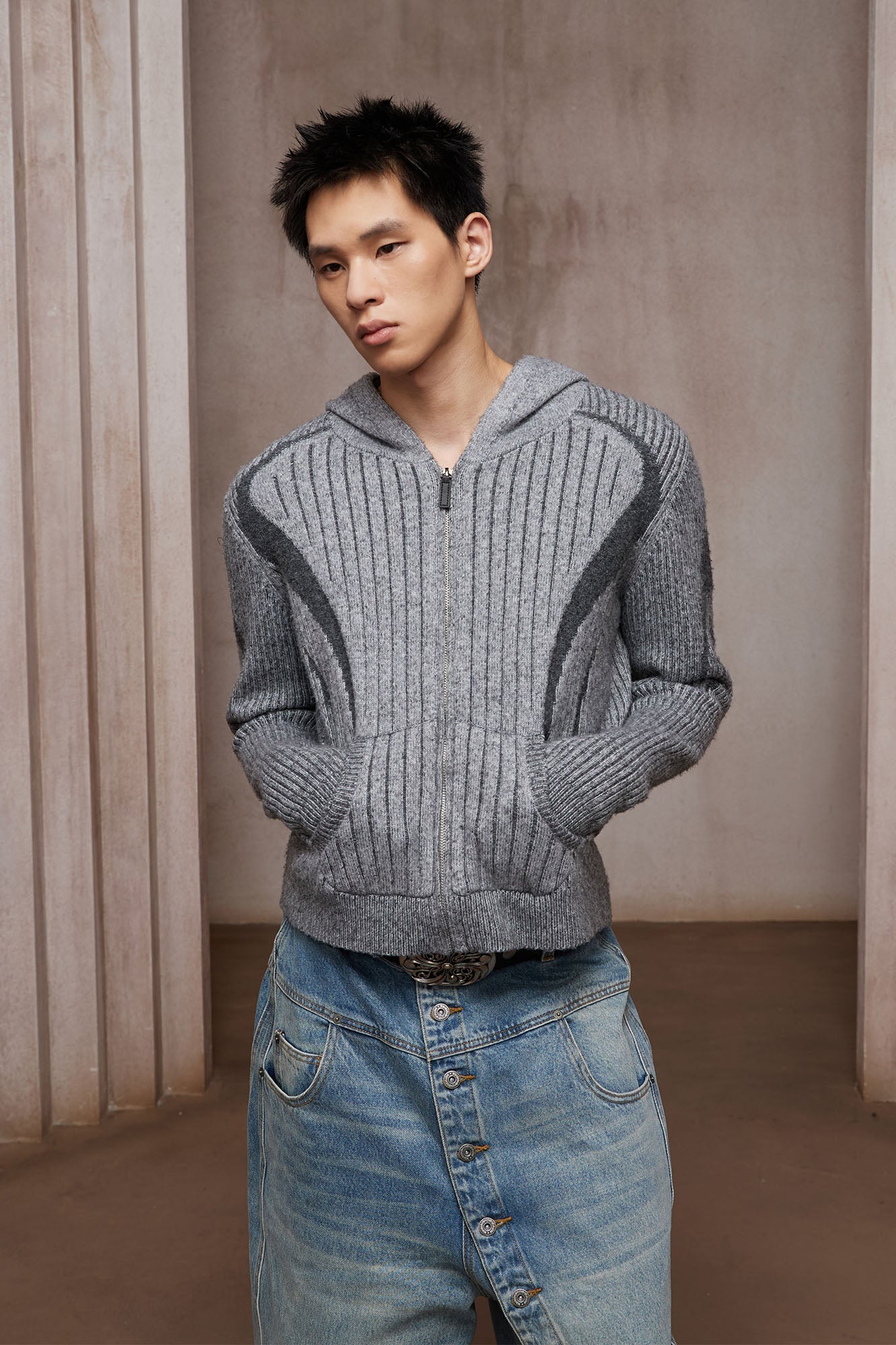 DND4DES Contrast Wool-Blend Hooded Zip Cardigan-Jacket-S-Gray (Preorder)-Free Shipping Leatheretro