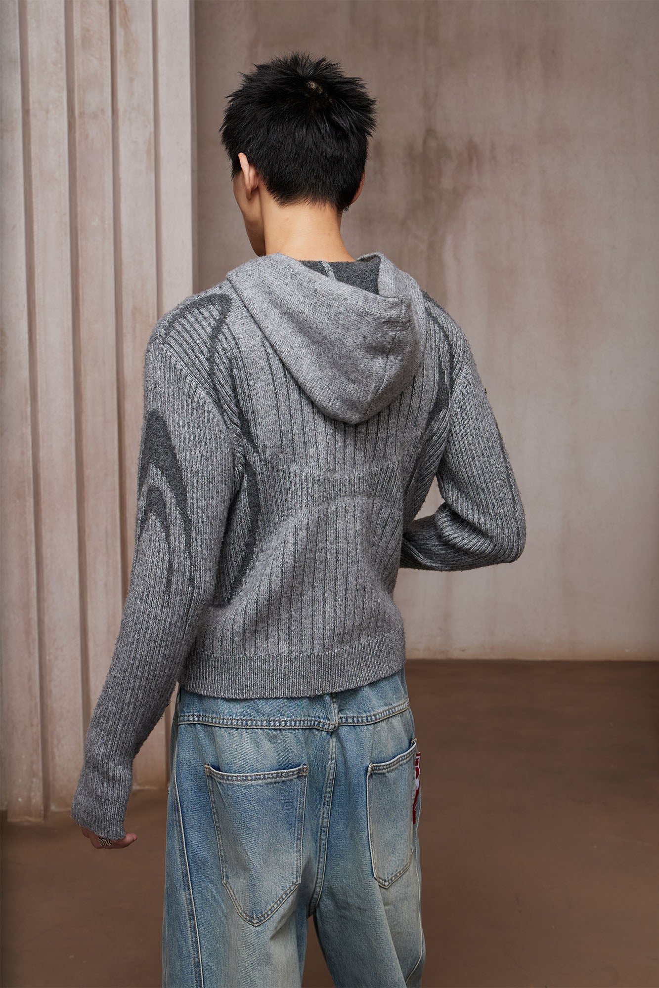 DND4DES Contrast Wool-Blend Hooded Zip Cardigan-Jacket-S-Gray (Preorder)-Free Shipping Leatheretro