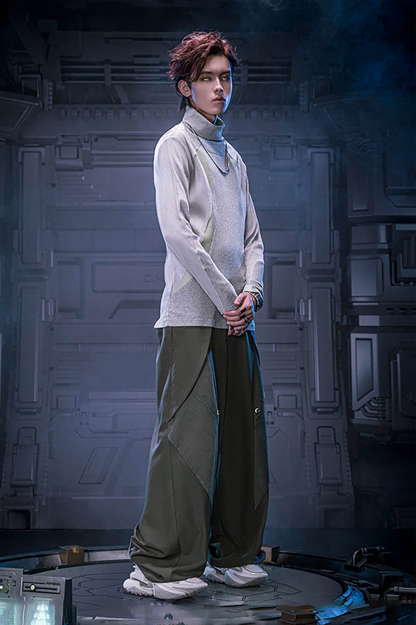 XIPHEVIL Ribbed Paneled Turtleneck Long-Sleeve Tee Grey-L/S Tee-XS-Free Shipping Leatheretro