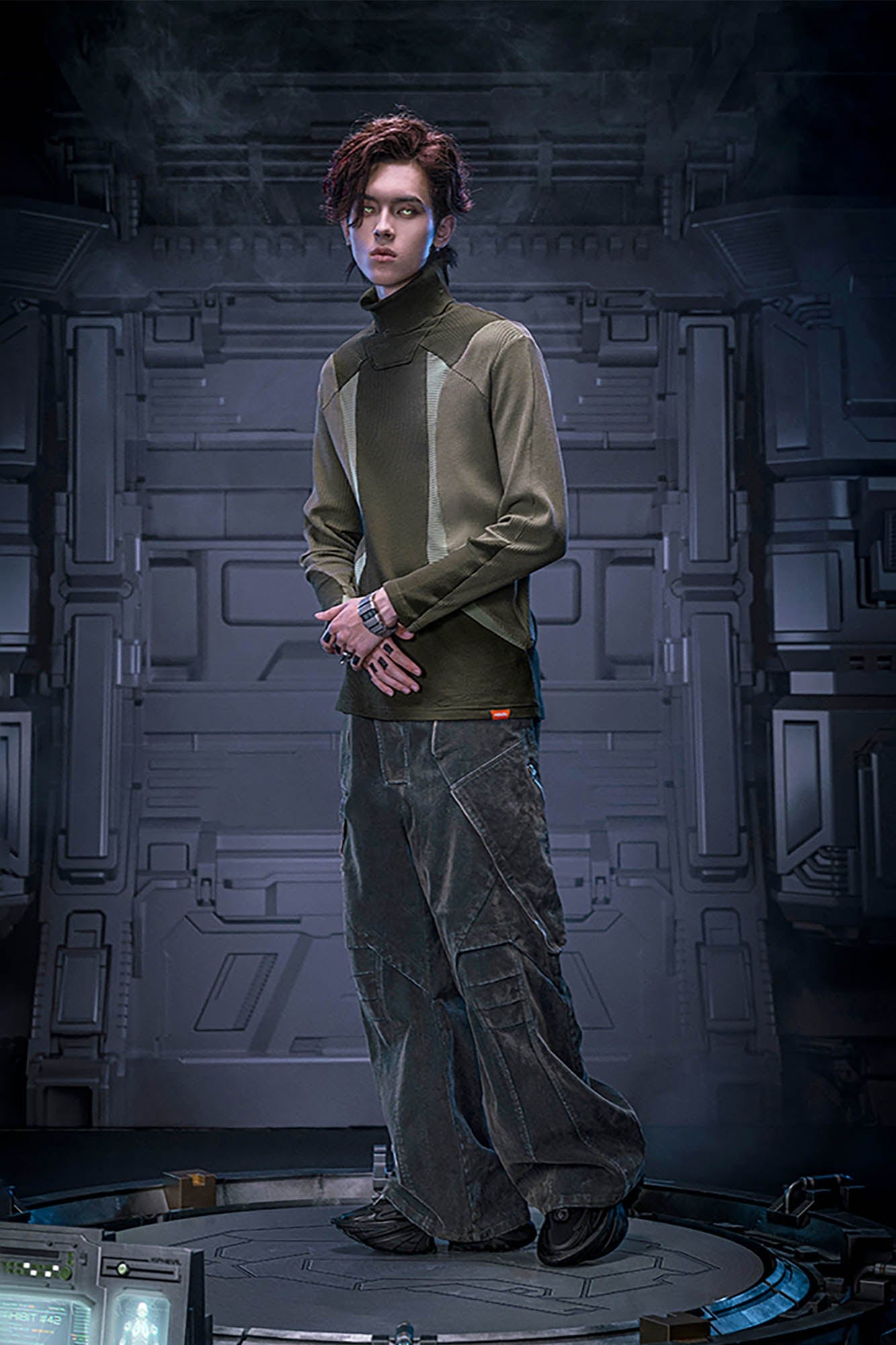 XIPHEVIL Ribbed Paneled Turtleneck Long-Sleeve Tee Green-L/S Tee-XS-Free Shipping Leatheretro